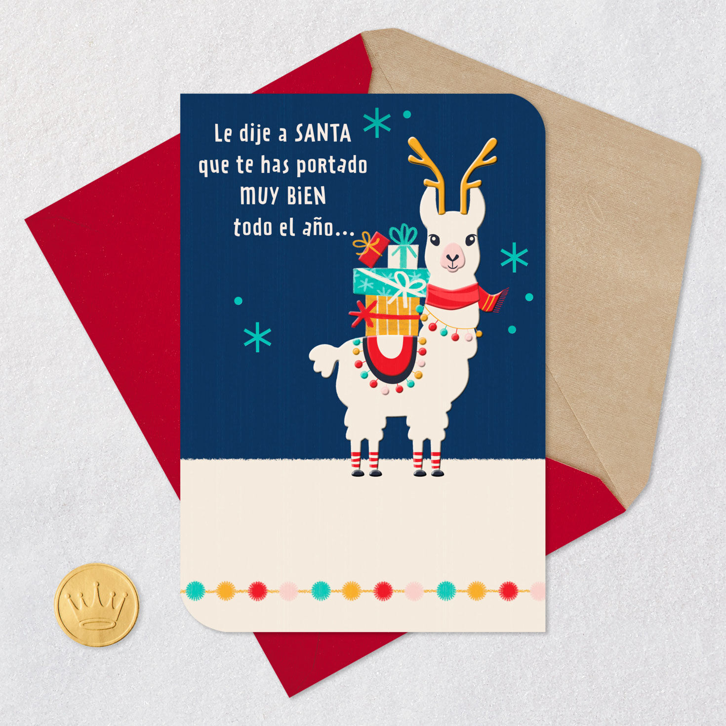 Llama on Navy Blue Spanish Kids Christmas Card Card Front with Envelope and Gold Seal image number 5