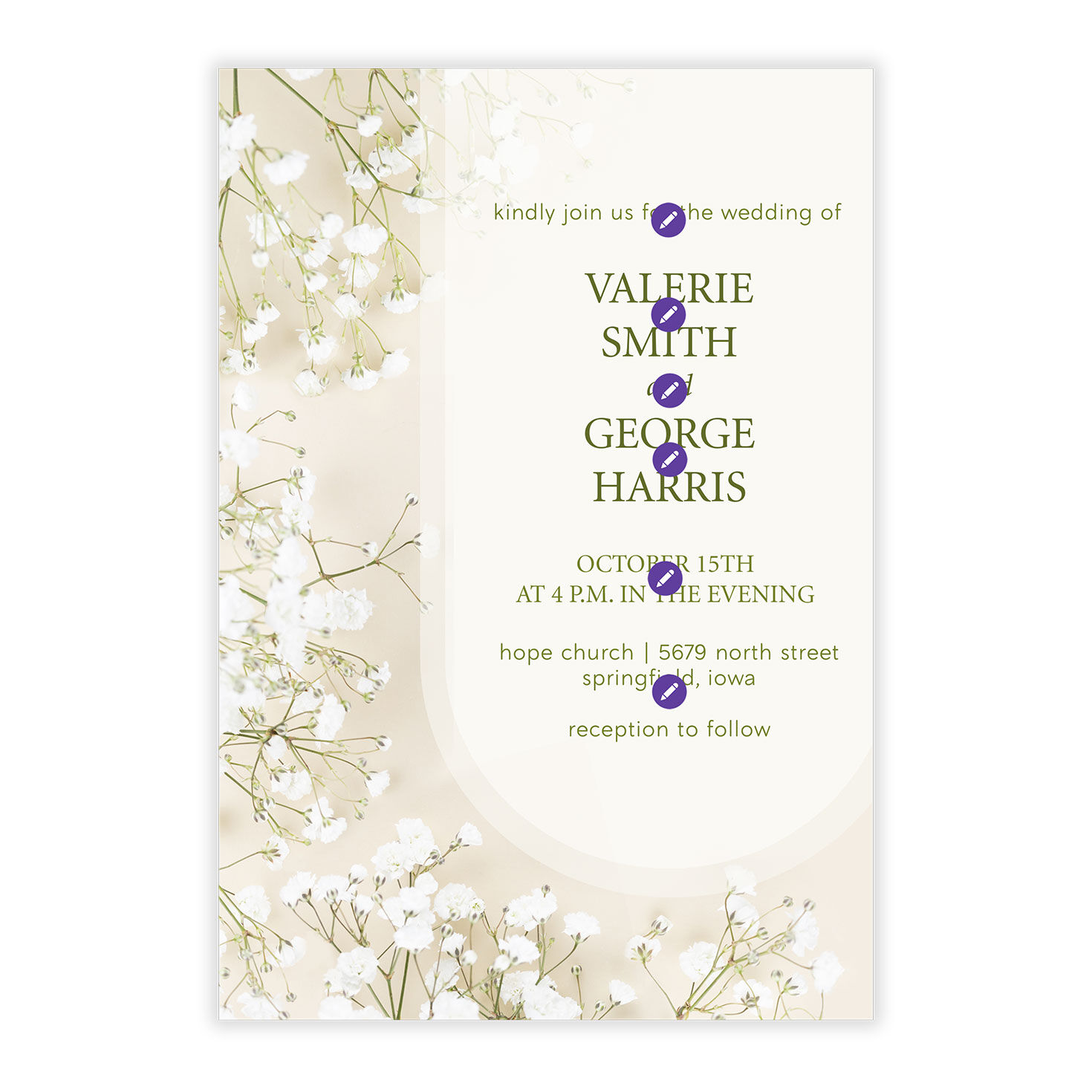 Baby's Breath Border Personalized Wedding Invitation Card Front indicating personalization image number 5