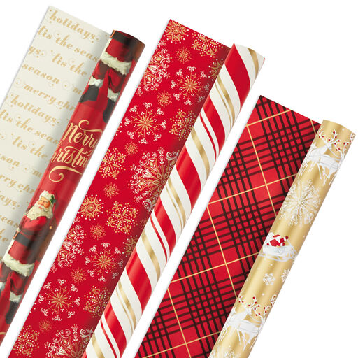 Red and Gold 3-Pack Reversible Christmas Wrapping Paper, 120 sq. ft., 