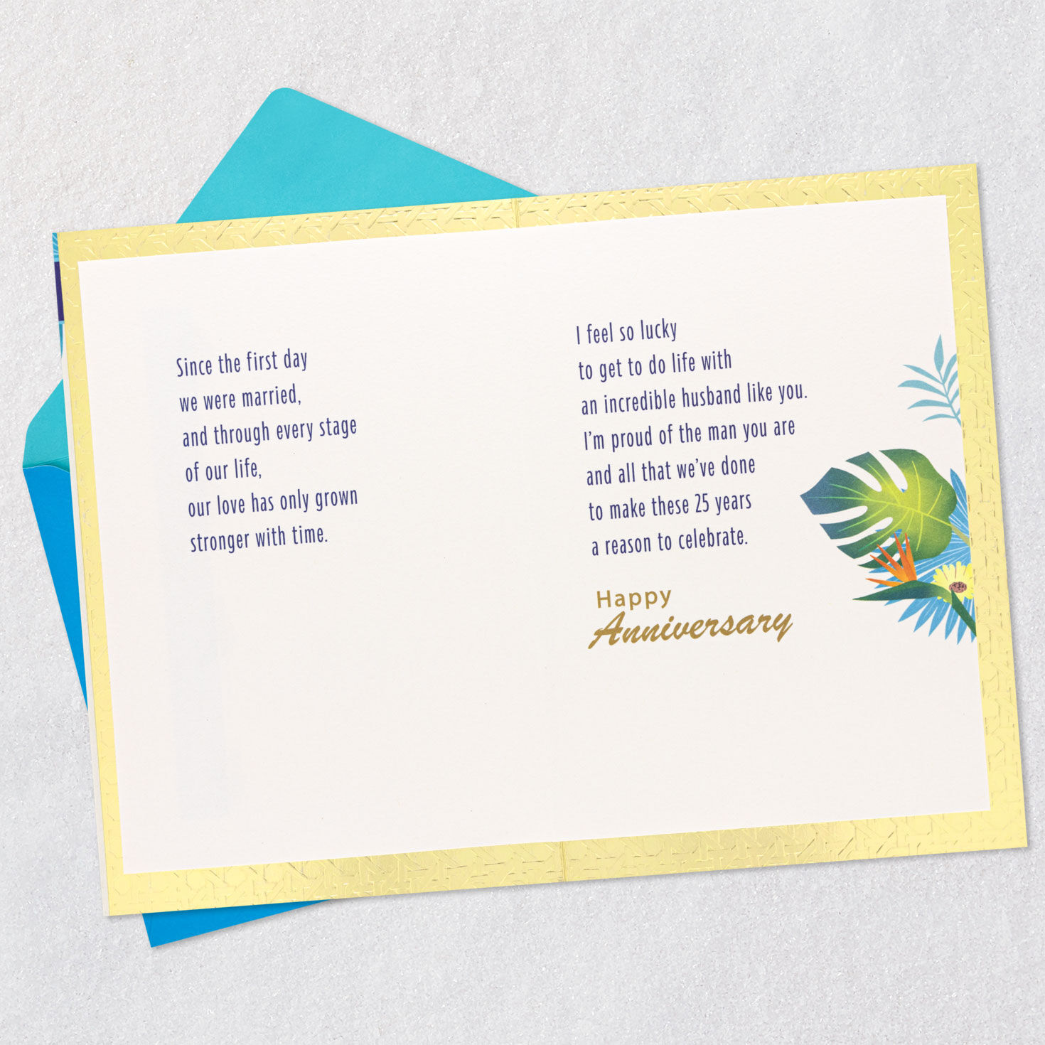Tropical Leaves with Blue Lettering Anniversary Card for Him Open card with envelope image number 4