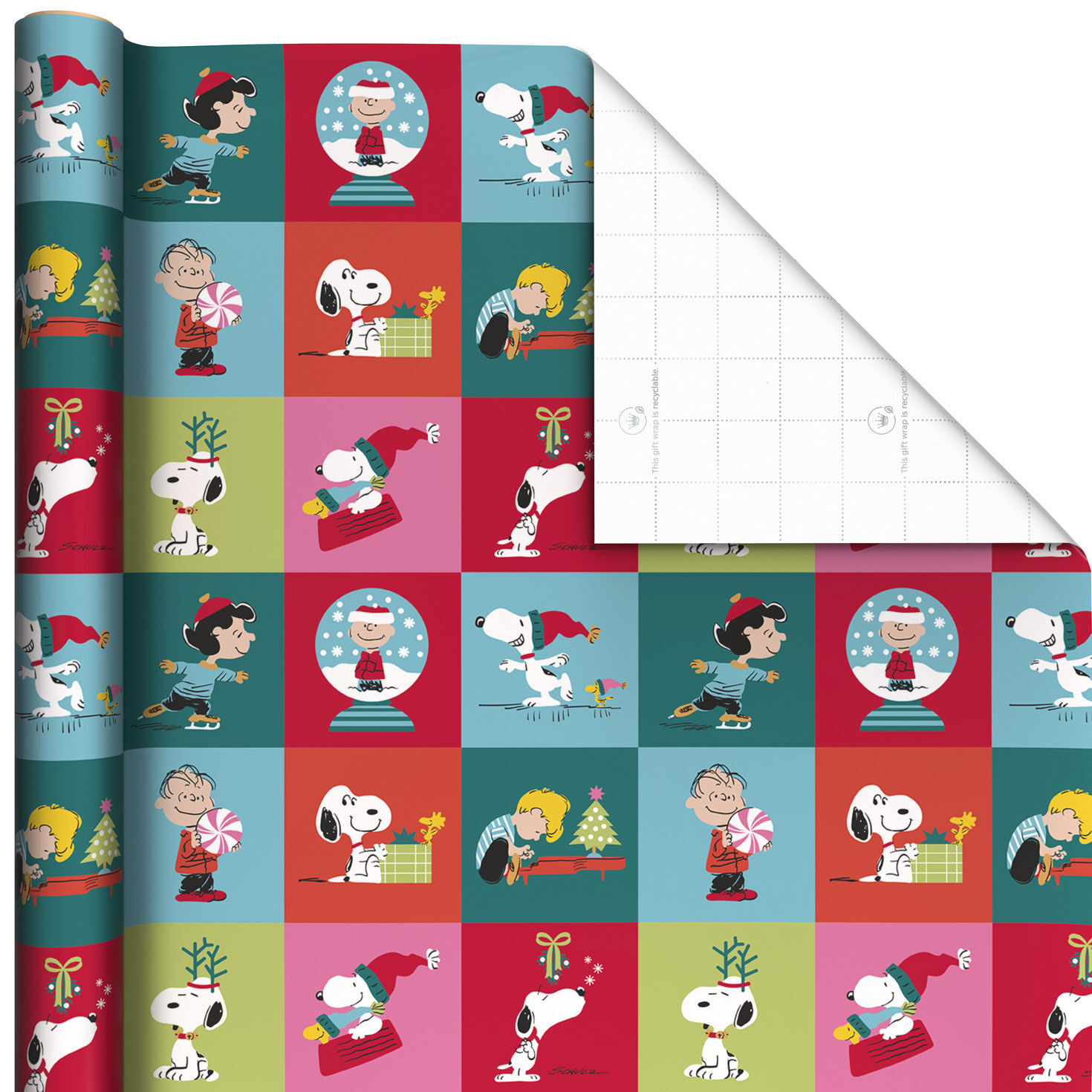 Peanuts® Snoopy and Charlie Brown Grid Christmas Wrapping Paper Roll, 35 sq. ft.