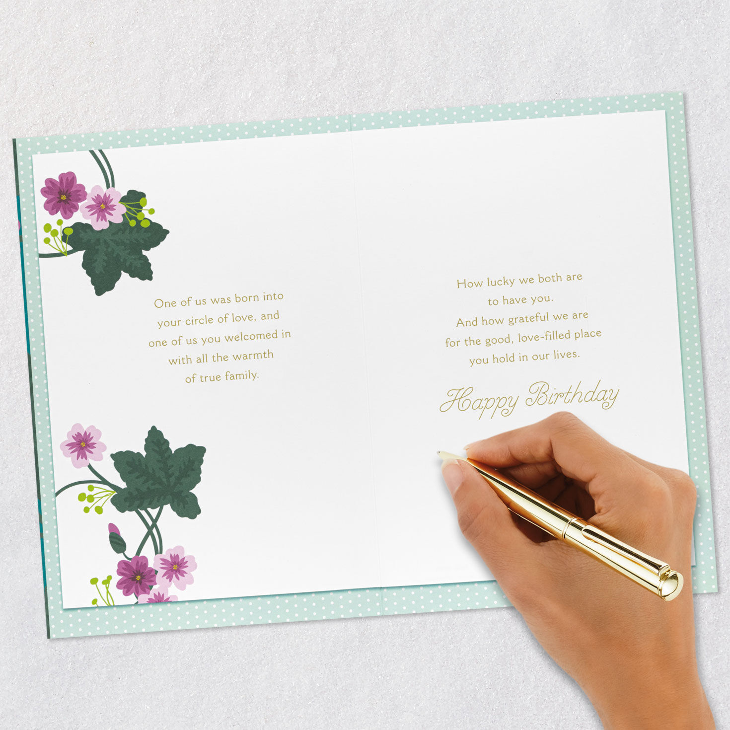 Pink Flowers on Teal Birthday Card for Mother-In-Law signing card image number 7
