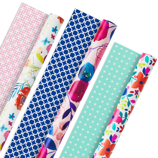Bright Florals 3-Pack Reversible Wrapping Paper, 120 sq. ft. total, 