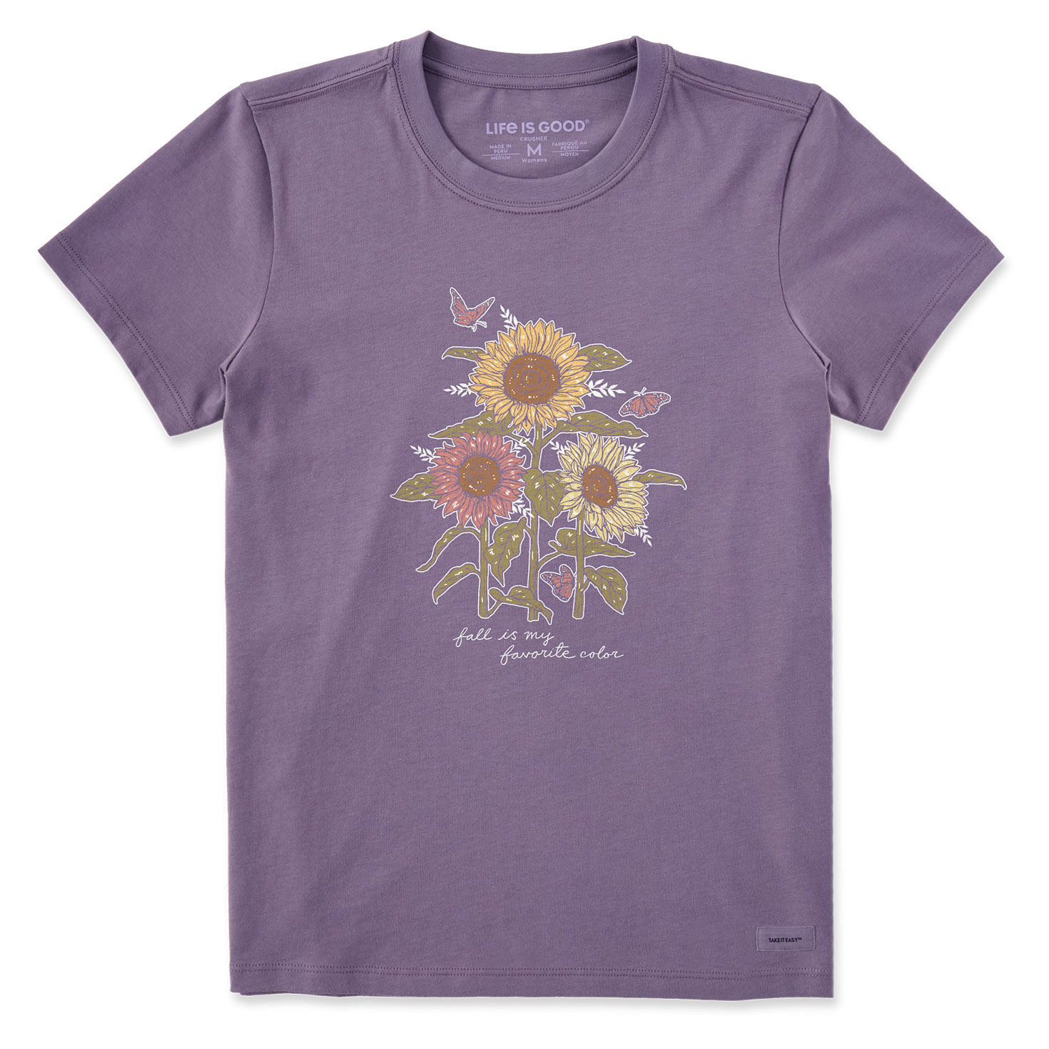 Life Is Good Women’s Fall Favorite Sunflowers Purple Short Sleeve T-Shirt