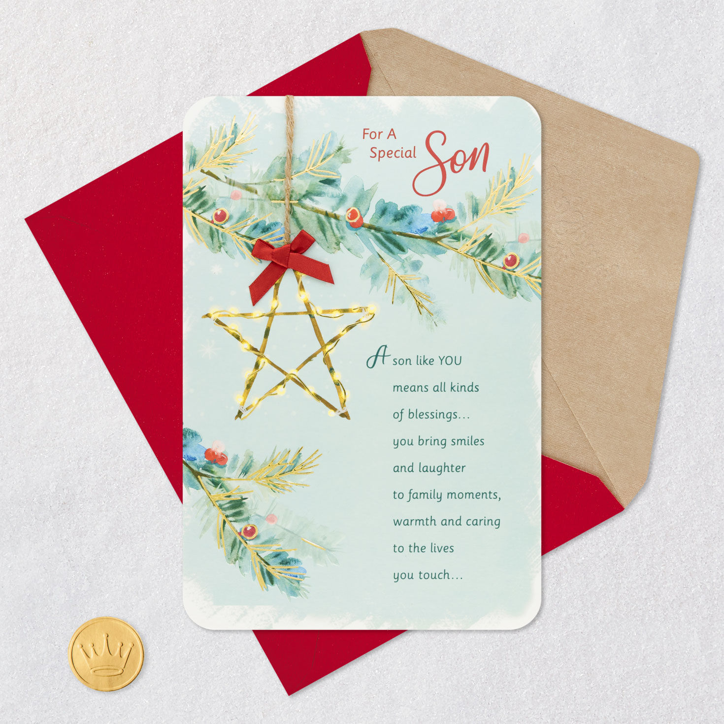 Star on Branch Religious Christmas Card for Son Card Front with Envelope and Gold Seal image number 6