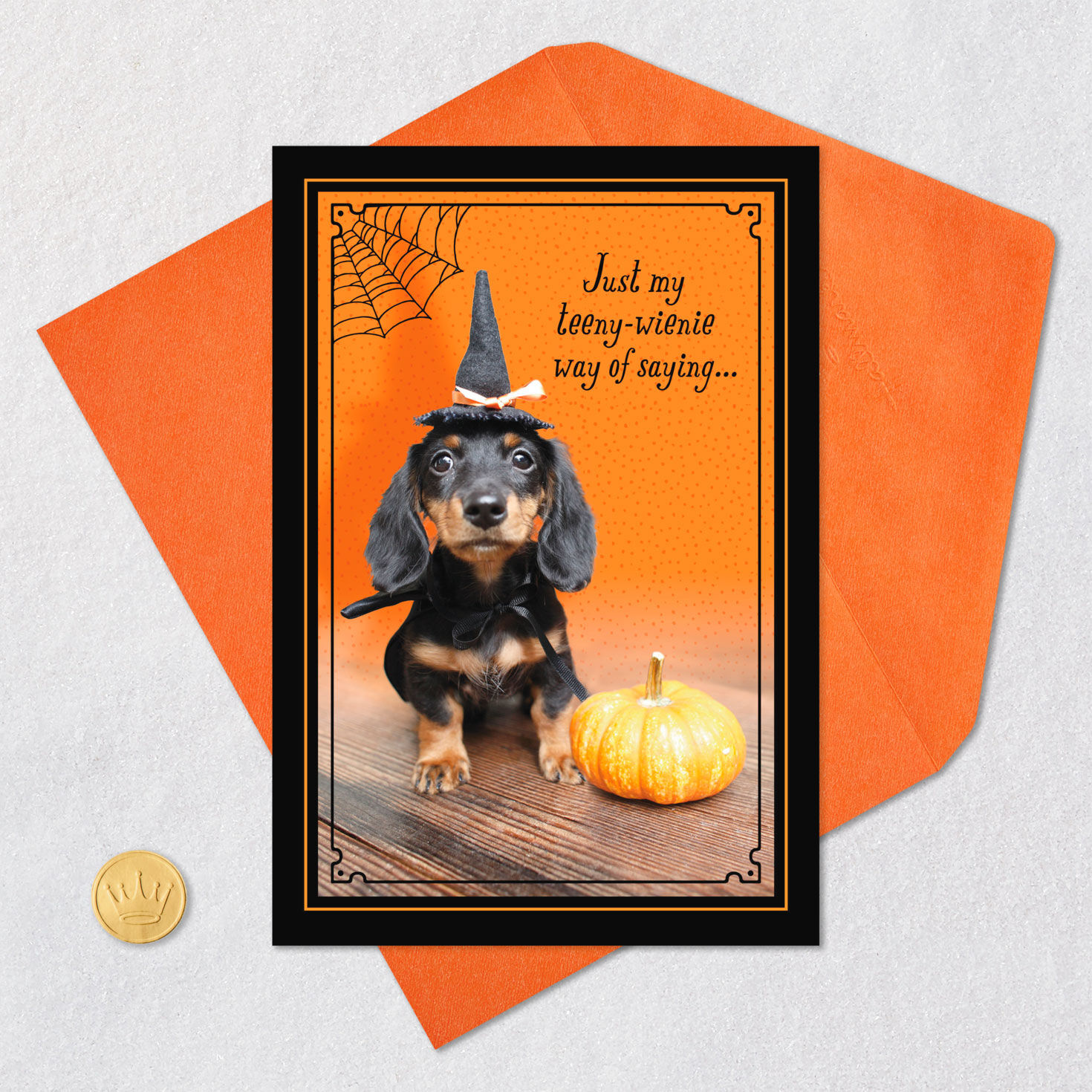 Dachshund Dog and Pumpkin Halloween Card Card Front with Envelope and Gold Seal image number 5