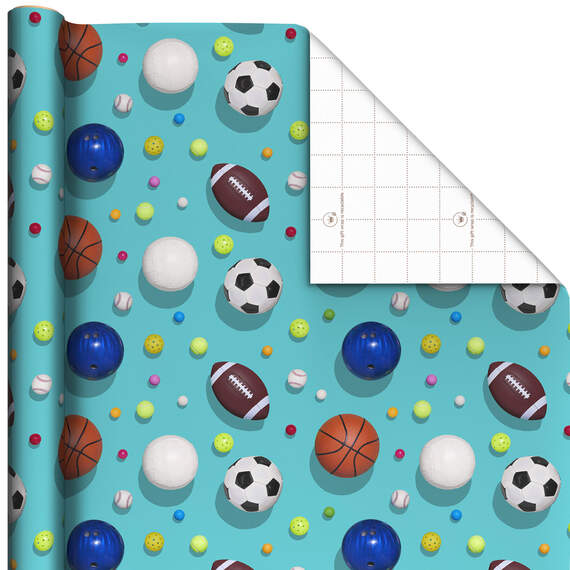 Sports Balls on Blue Wrapping Paper, 20 sq. ft.