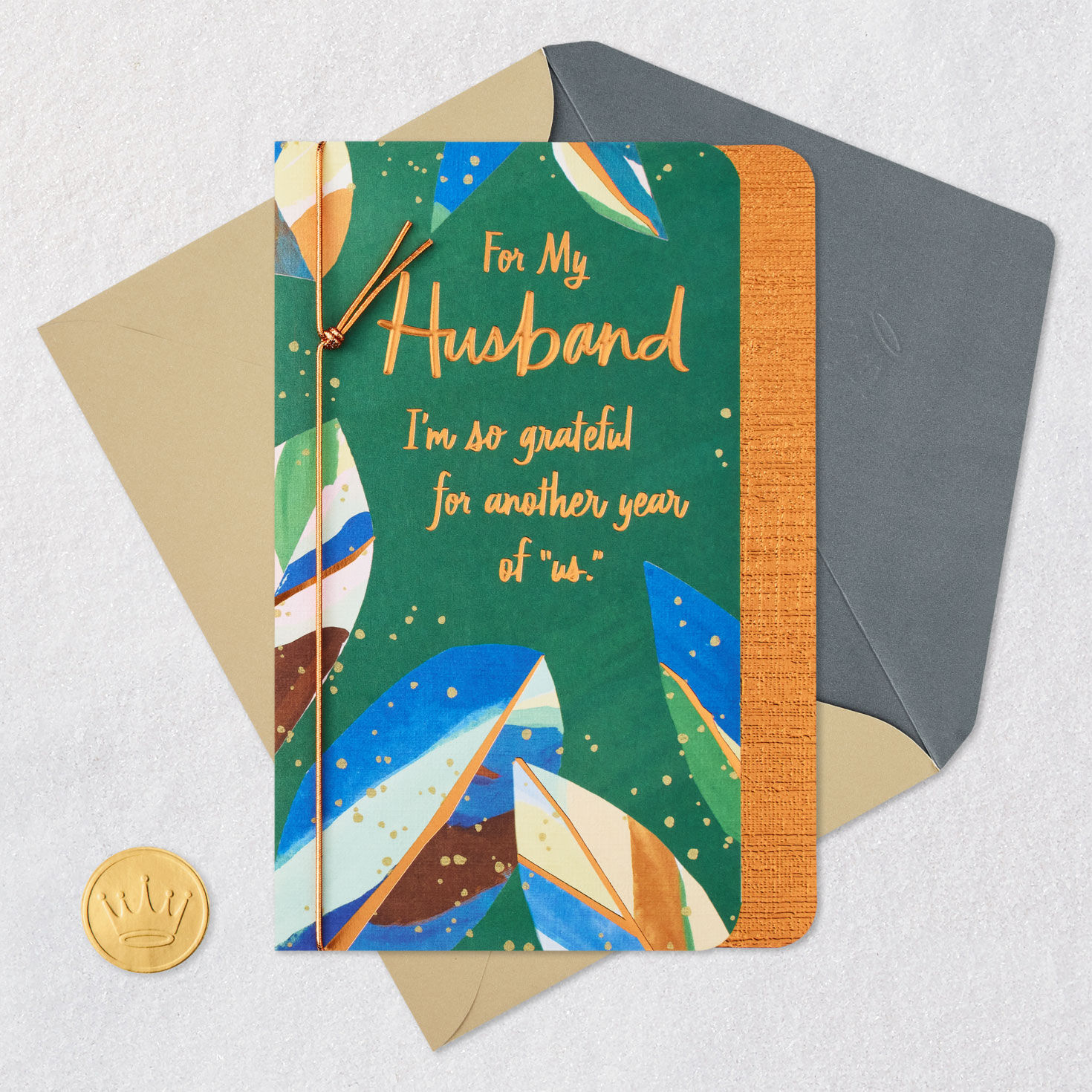 Bold Tropical Leaves Anniversary Card for Husband Card Front with Envelope and Gold Seal image number 6