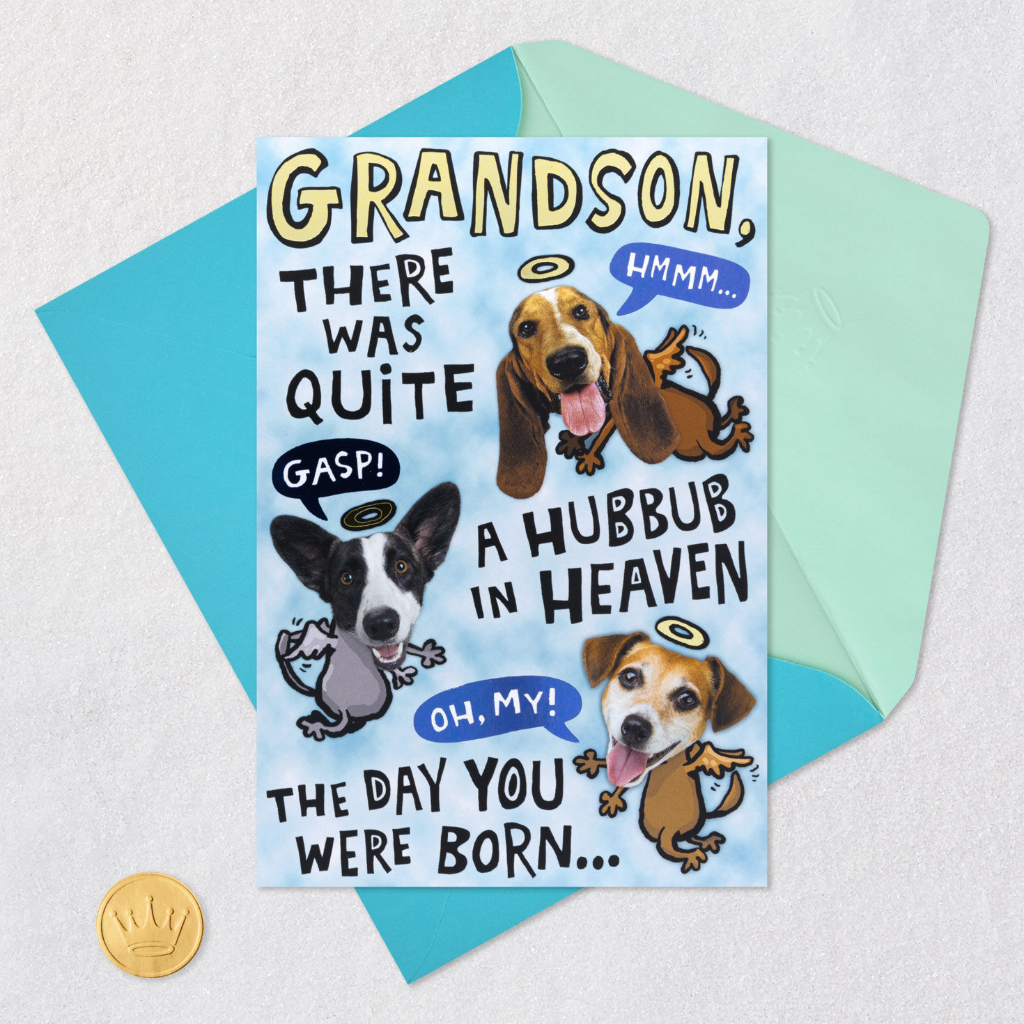 Dog Angels Birthday Card for Grandson Card Front with Envelope and Gold Seal image number 5