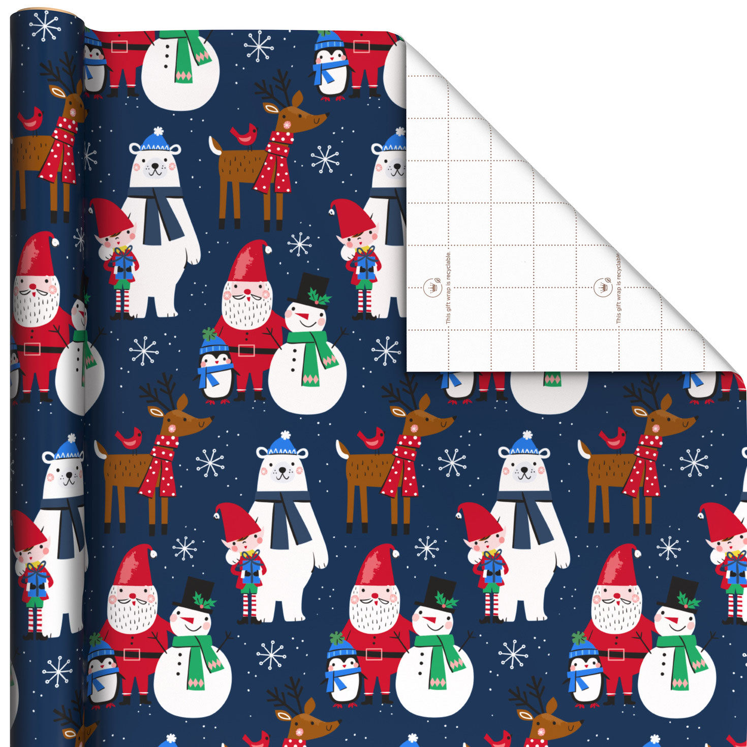 Santa and Friends on Navy Jumbo Christmas Wrapping Paper Roll, 90 sq. ft.