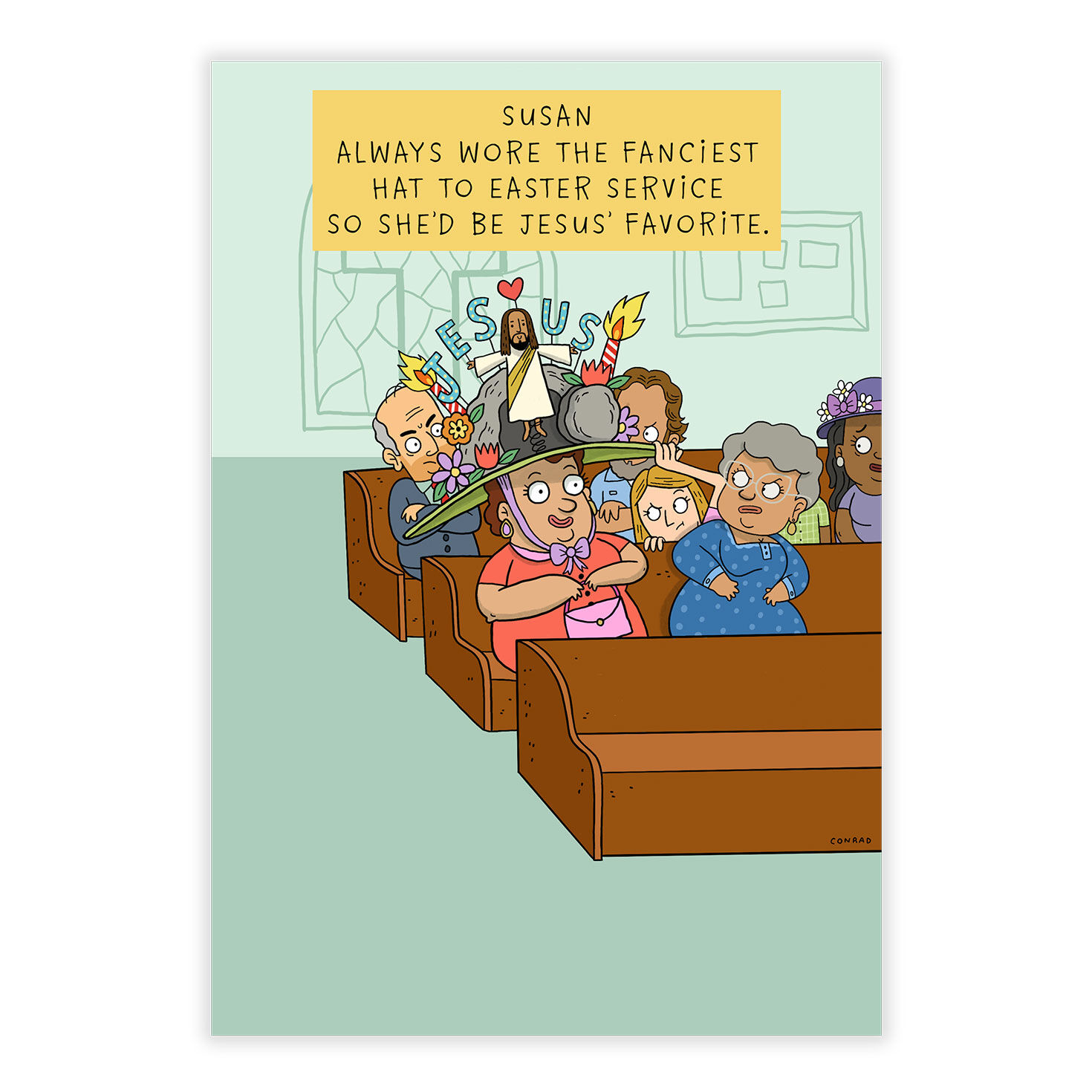 Cartoon Woman in Funny Hat Personalized Easter Card front image number 2