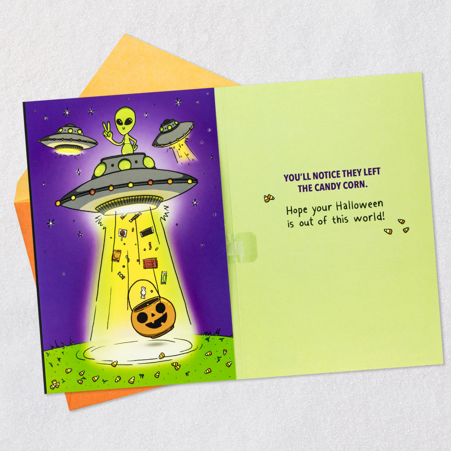 Alien News Alert Funny Halloween Card With Sound Open card with envelope image number 3