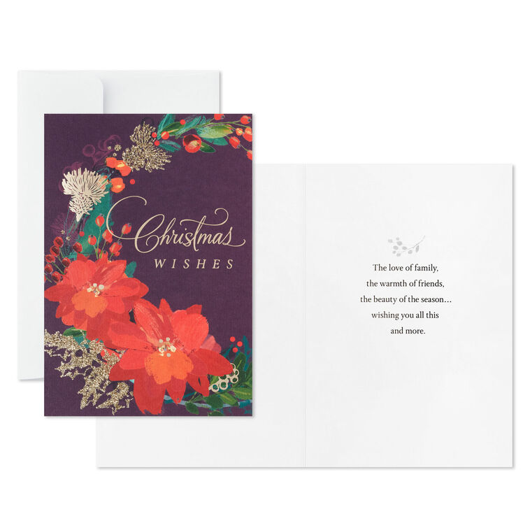 Poinsettia Wreath Boxed Christmas Cards Pack Card Front with Sentiment image number 3