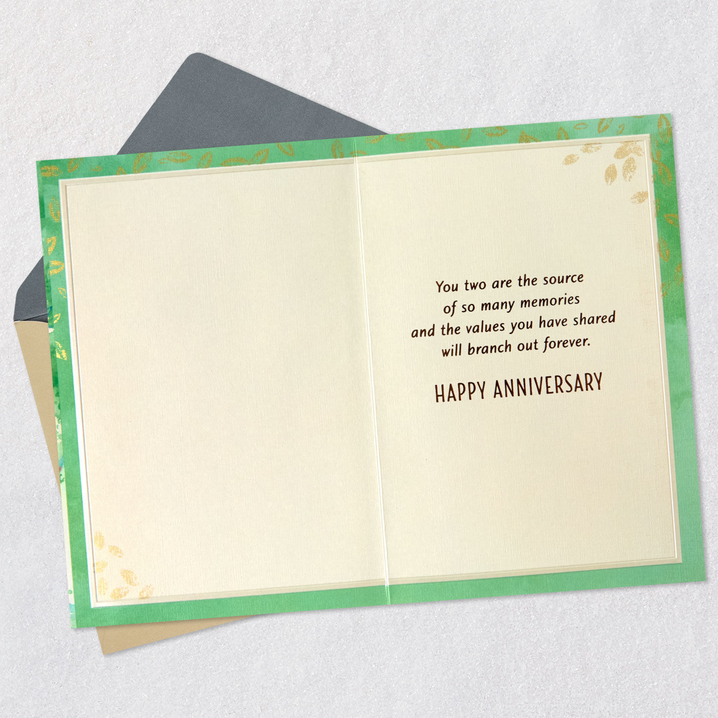 Watercolor Tree with Green Leaves Anniversary Card Open card with envelope image number 3