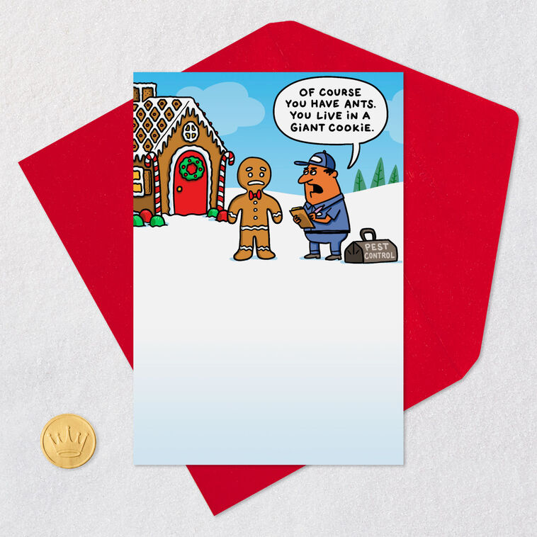 Gingerbread House with Ants Cartoon Christmas Card Card Front with Envelope and Gold Seal image number 5