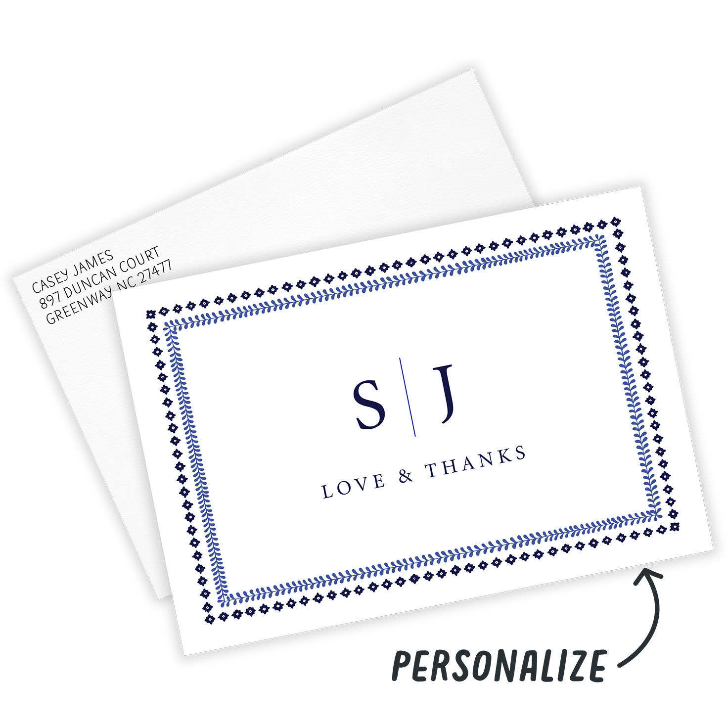 Blue Pattern Borders Personalized Wedding Thank You Card front with Envelope indicating personalization image number 2