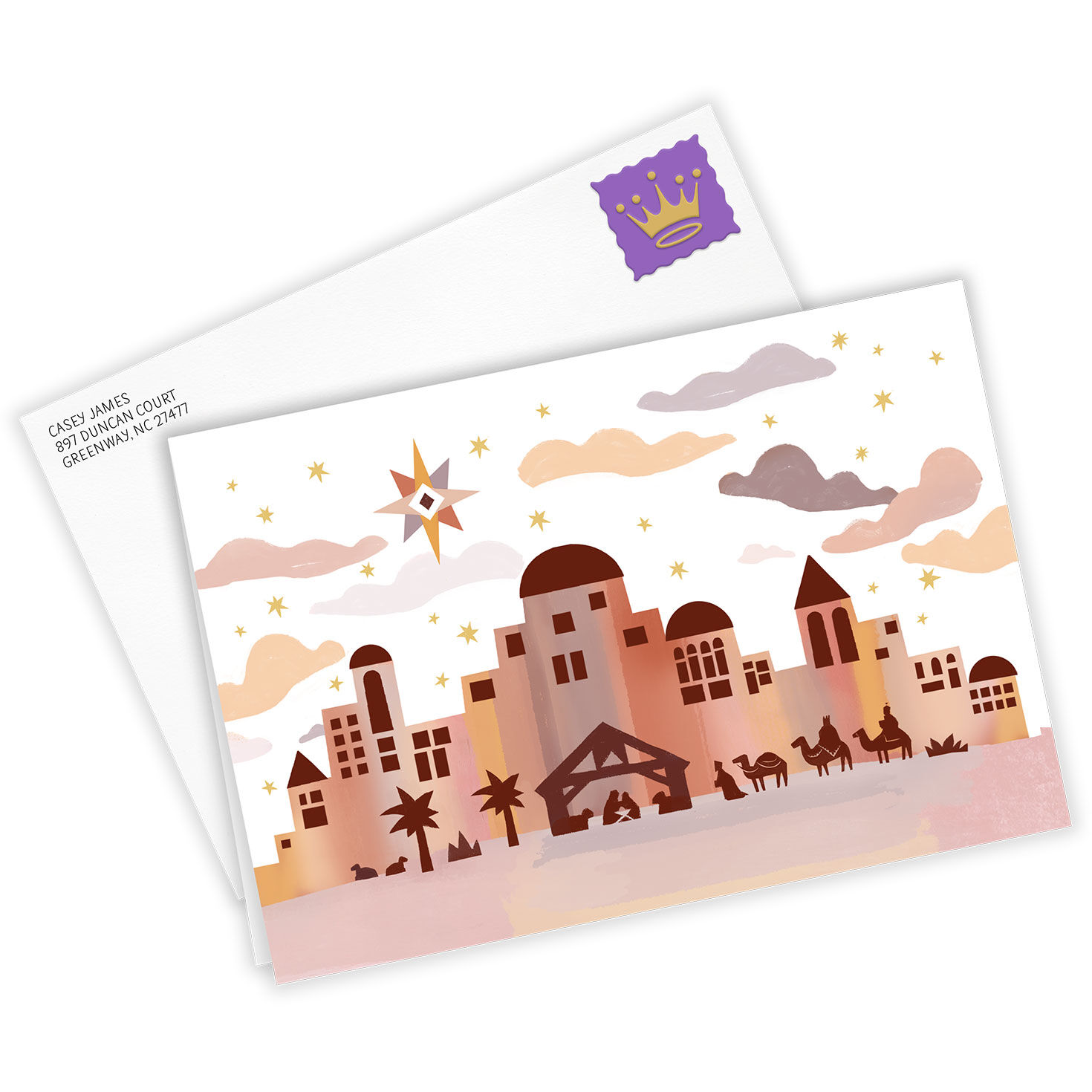 Nativity City Scene Personalized Christmas Card Card  front with Envelope  image number 2