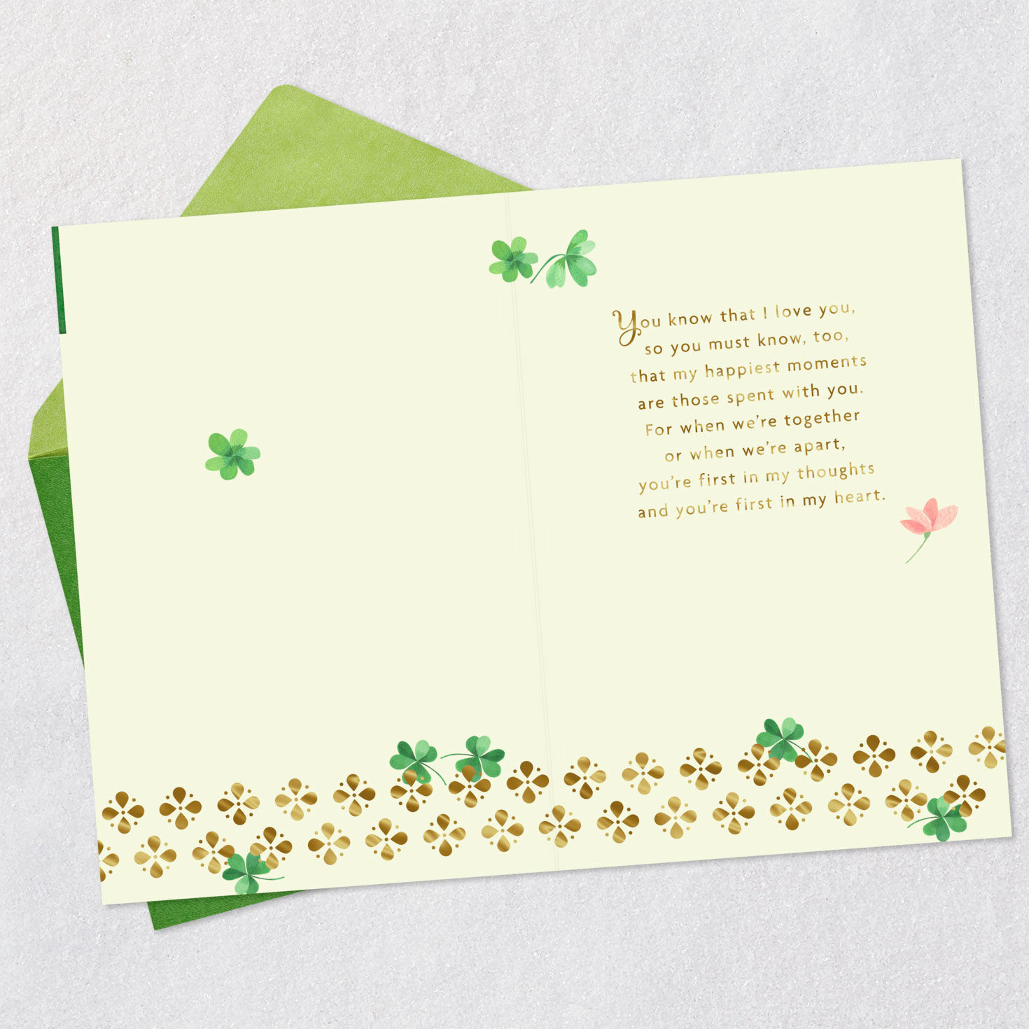 Shamrock Heart Romantic St. Patrick's Day Card Open card with envelope image number 3