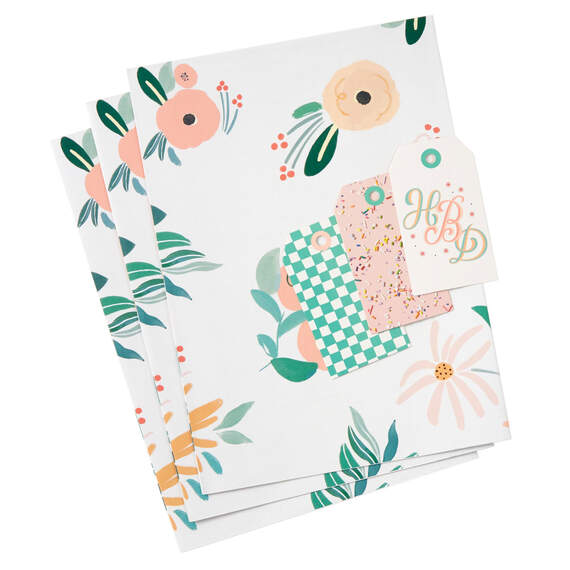 Dainty Floral Flat Wrapping Paper With Gift Tags, 3 sheets