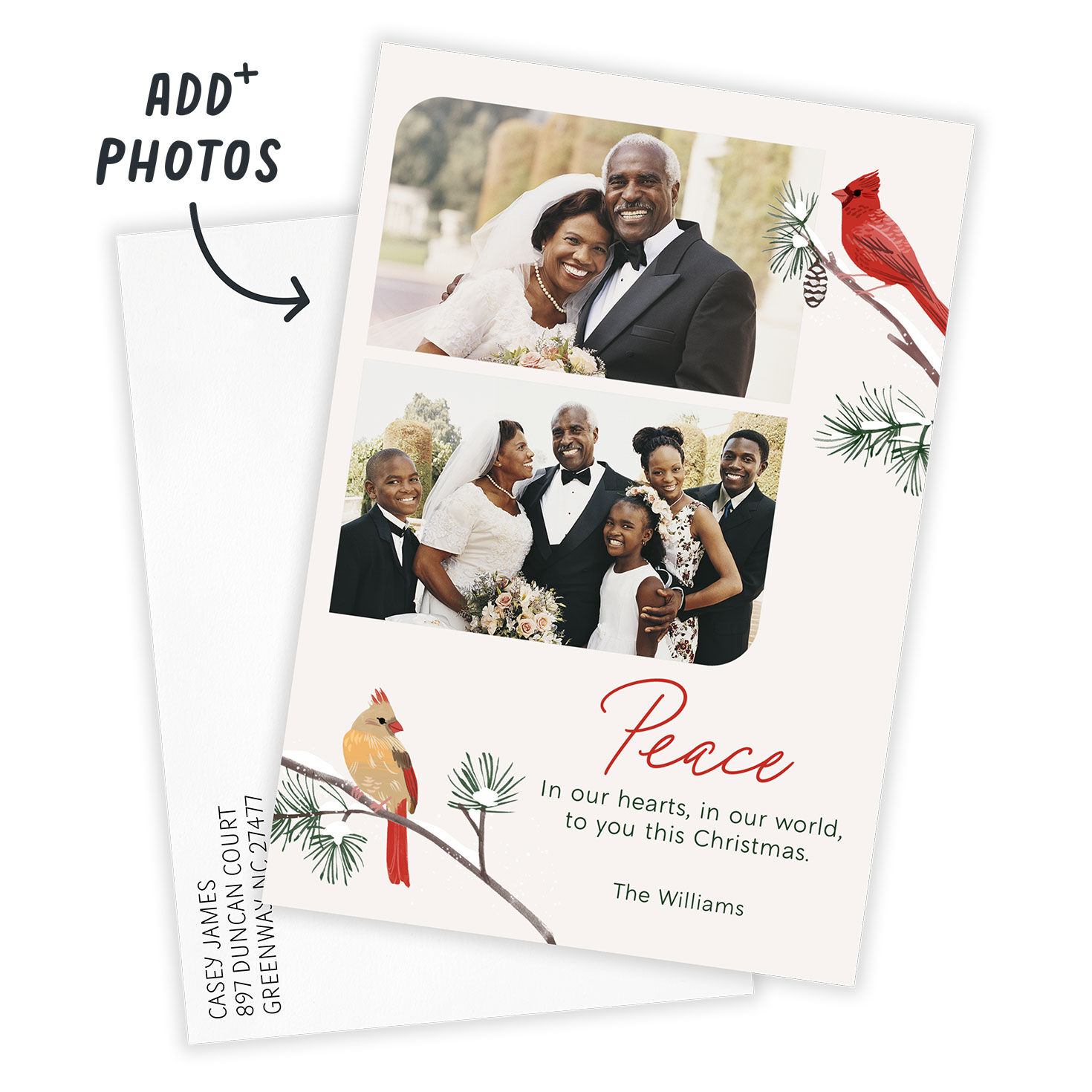 Peace Cardinals Personalized Christmas Photo Card Card Front indicating personalization image number 2