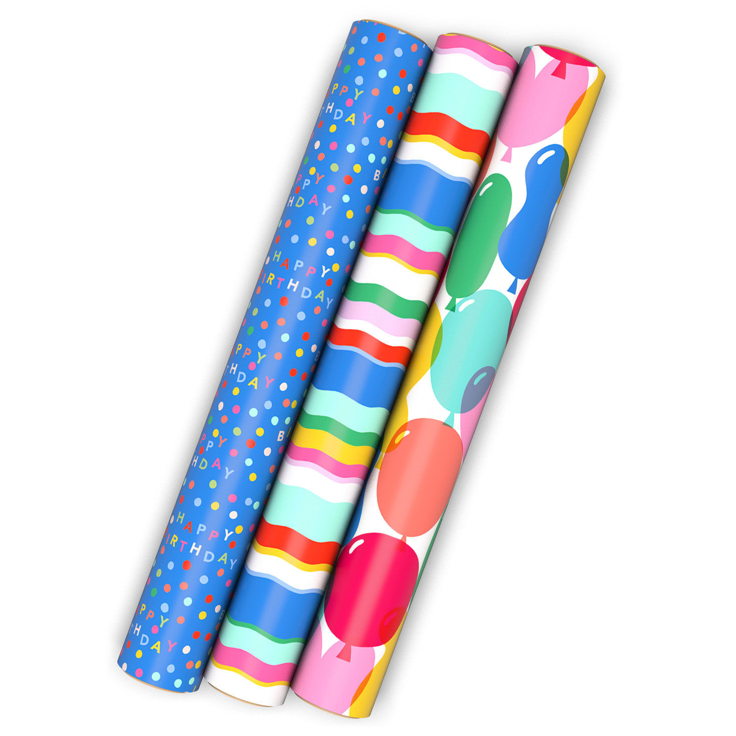 Stripes, Balloons and Dots 3-Pack Wrapping Paper Mini Roll Bundle, 60 sq. ft. total