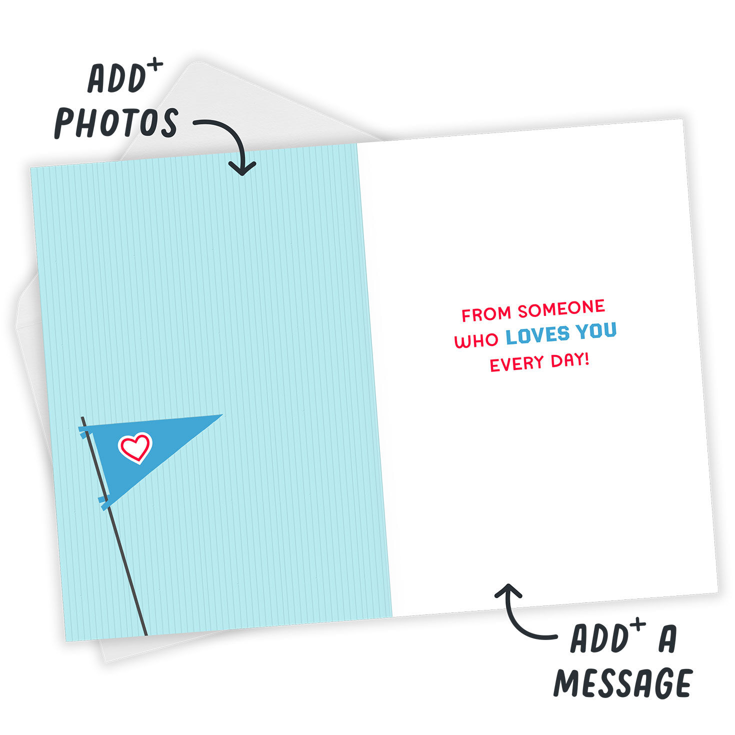 Red Blue Flags Personalized Valentine's Day Card Open Card with Envelope indicating personalization image number 3