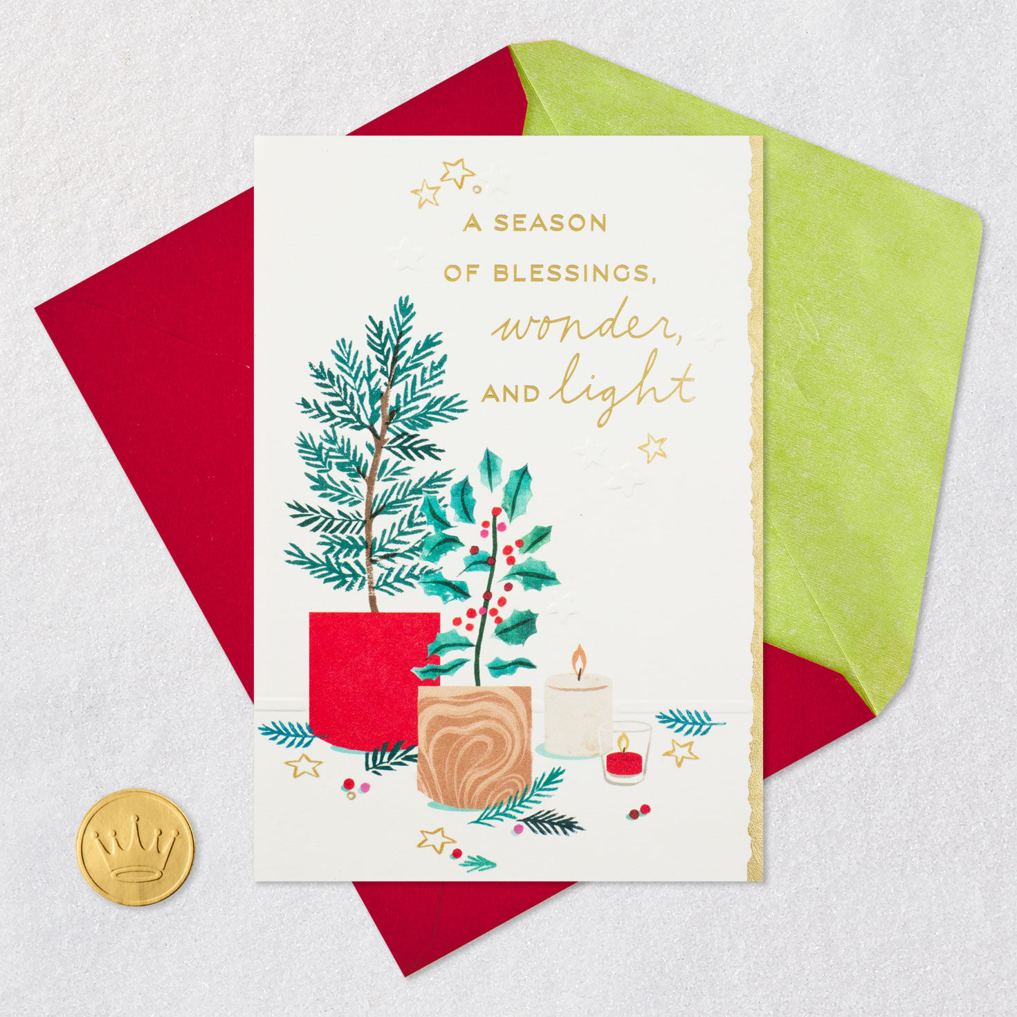 Fir Tree and Holly Christmas Card Card Front with Envelope and Gold Seal image number 6