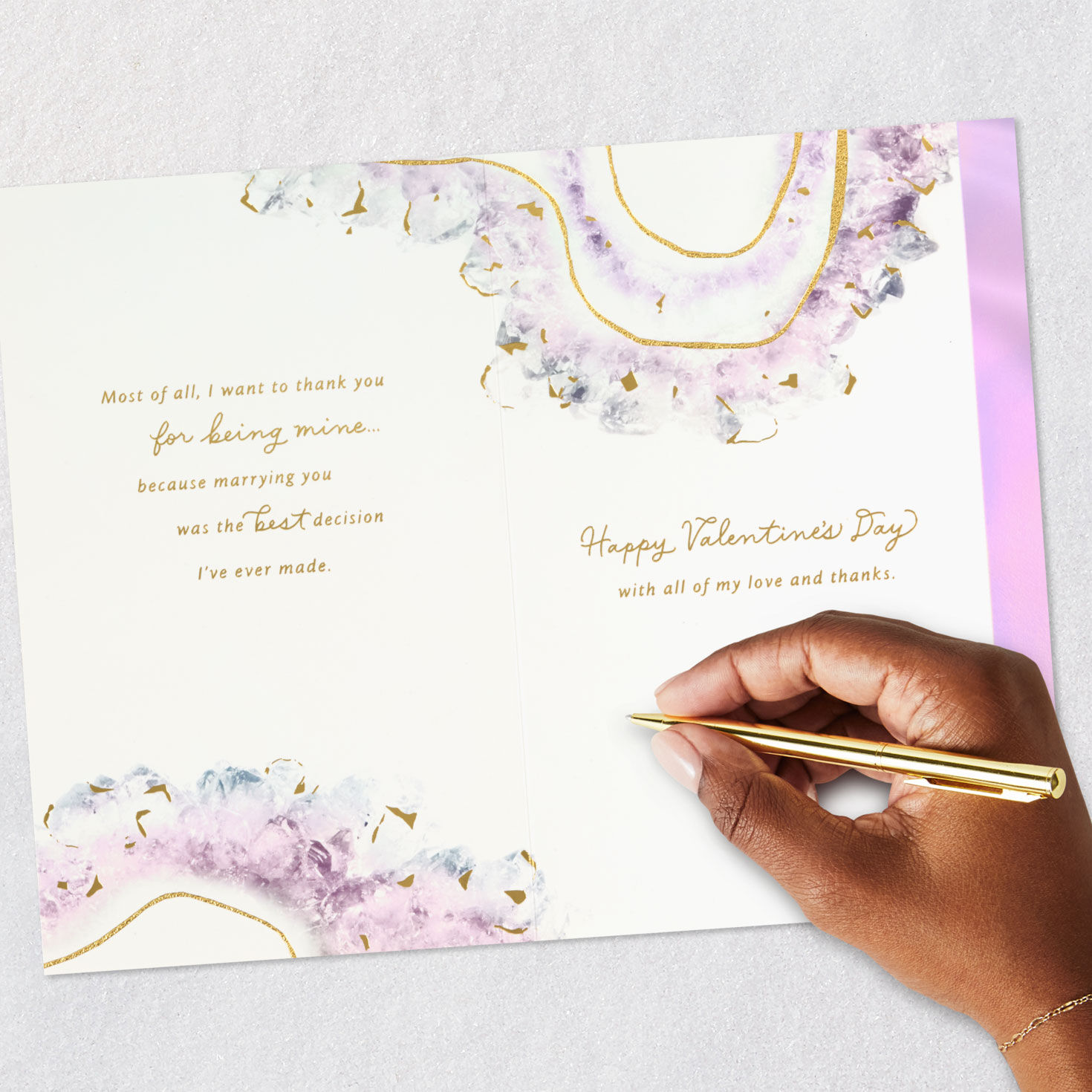 Marbled Pink and Gold Valentines Day Card for Wife signing card image number 9