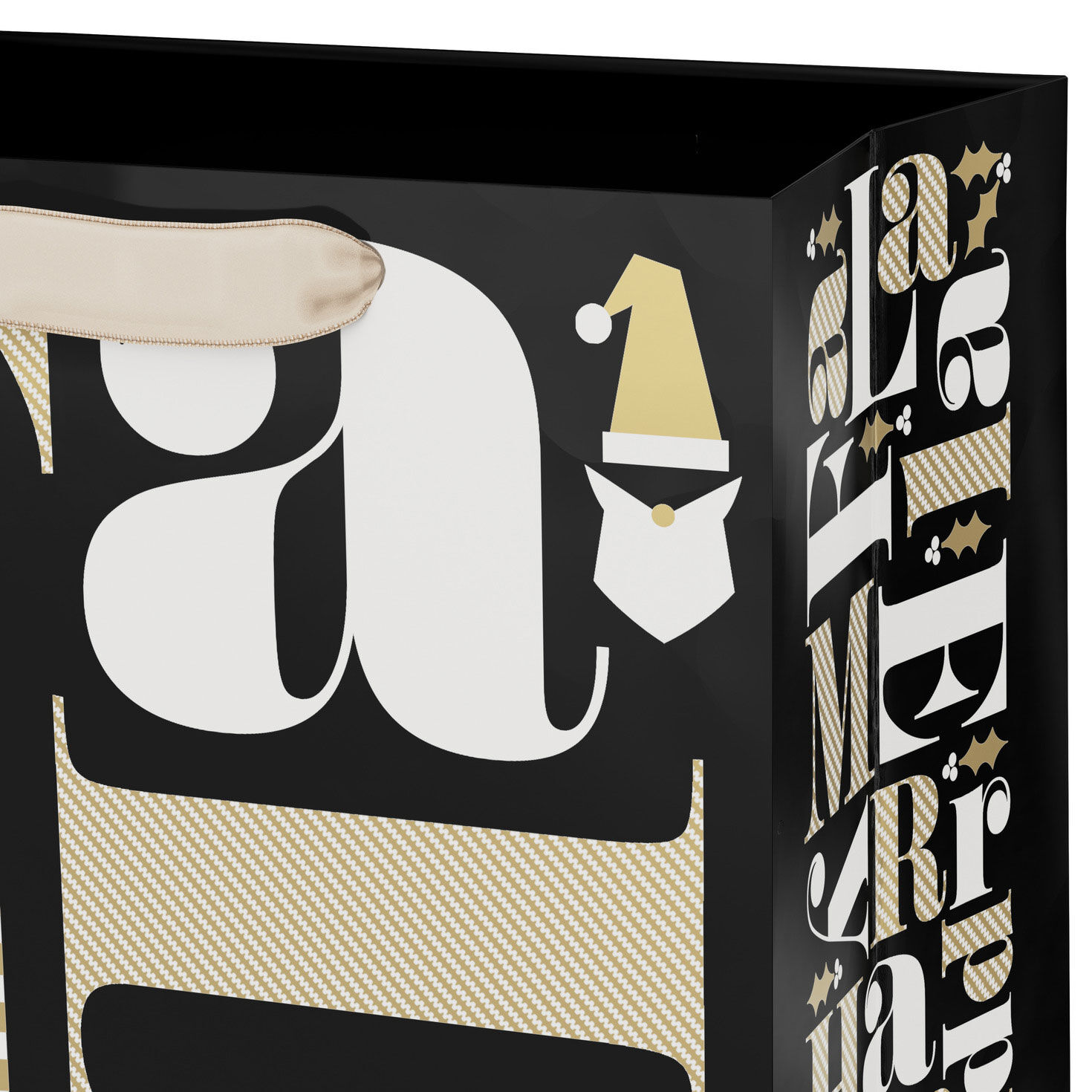 Black and Gold Fa La La Medium Holiday Gift Bag Handle Detail image number 4