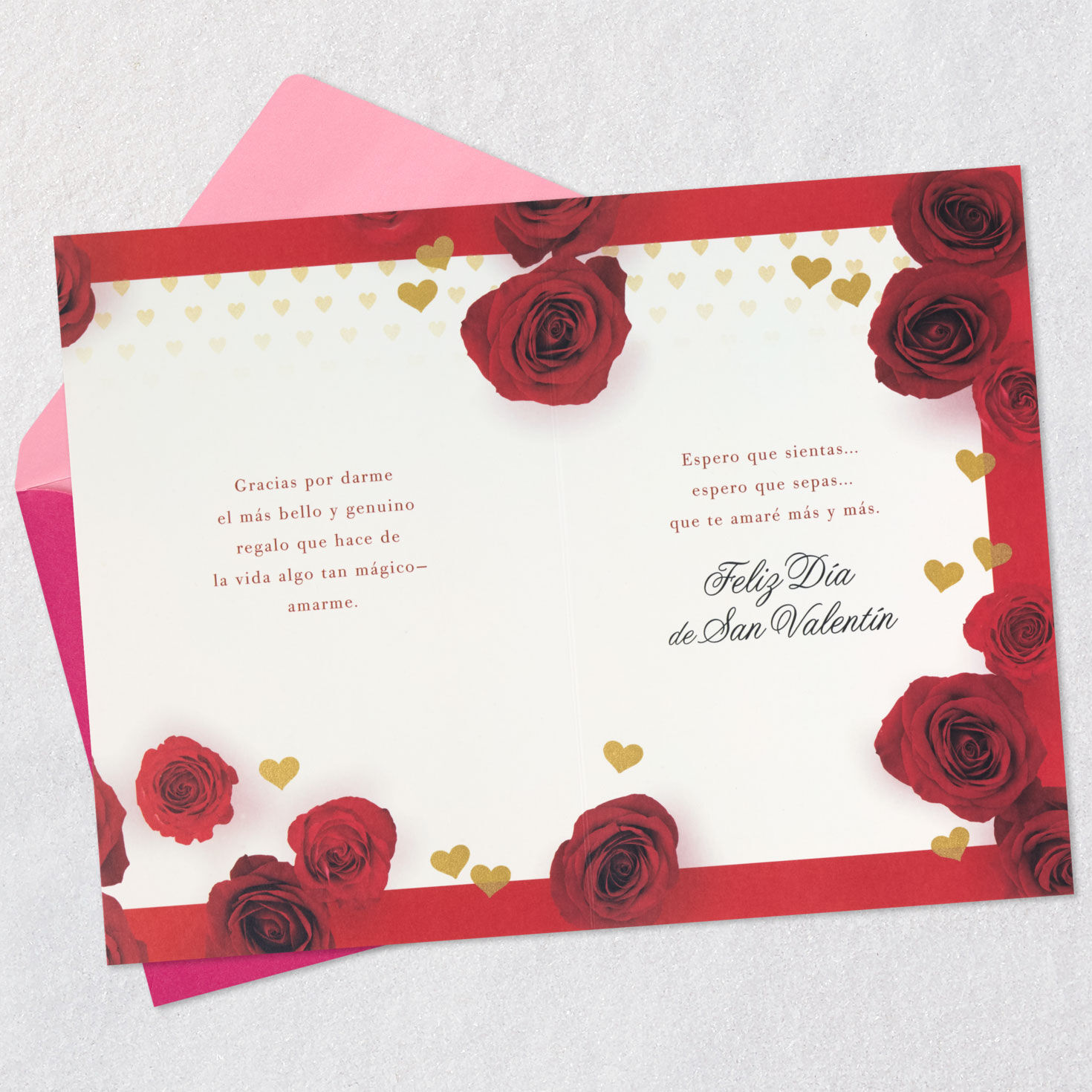 Roses and Hearts Romantic Valentine's Card in Spanish Open card with envelope image number 5