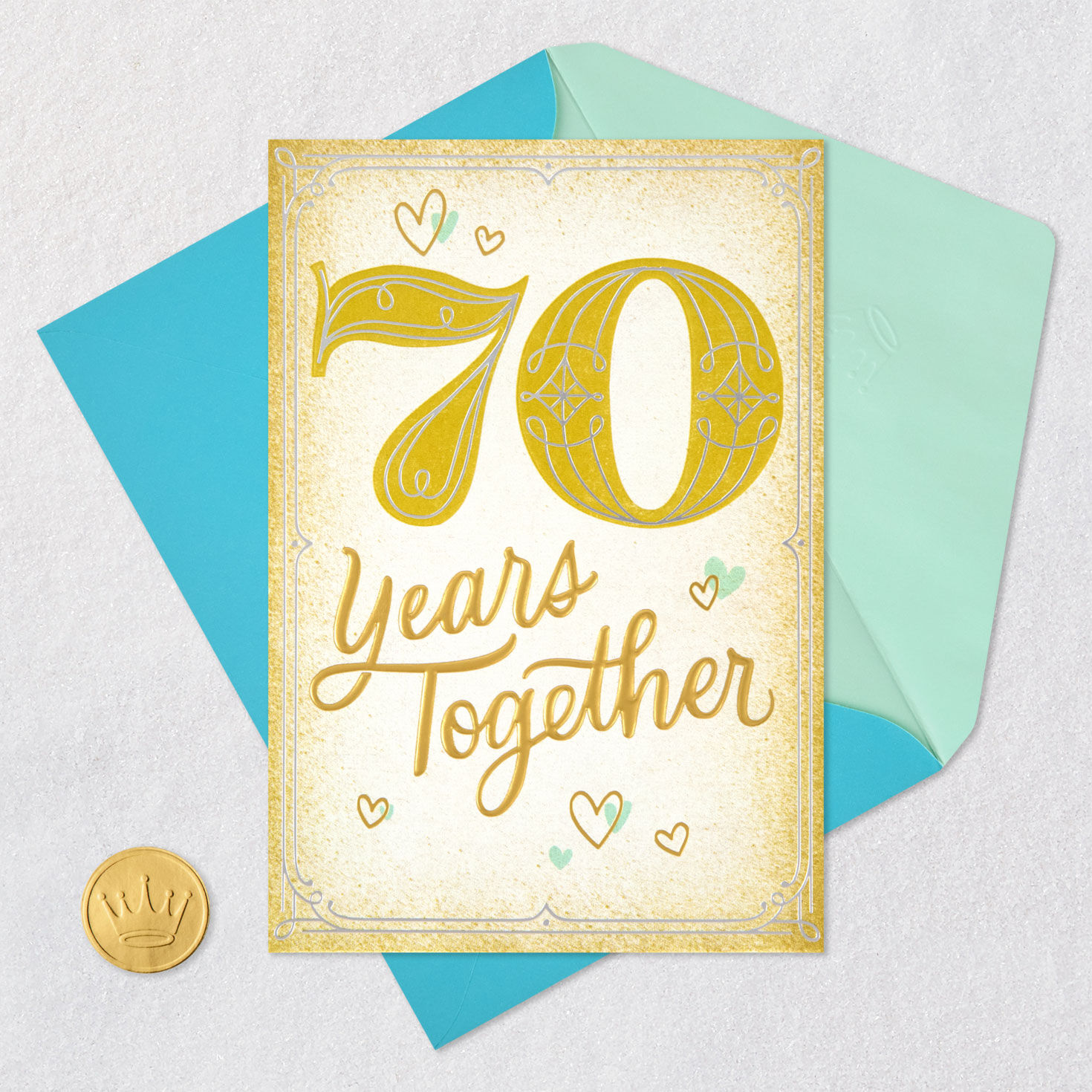 Gold and Mint Green Hearts 70th Anniversary Card Card Front with Envelope and Gold Seal image number 5