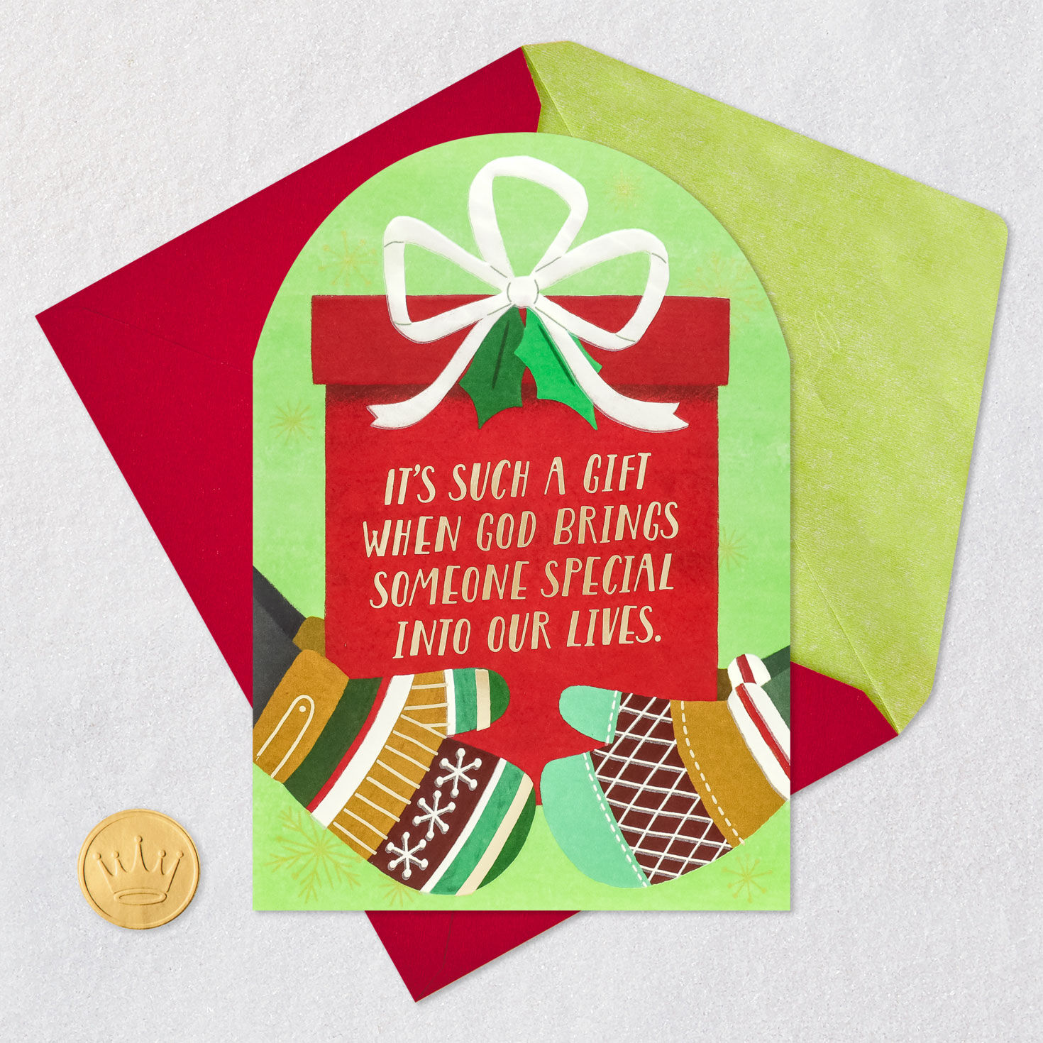 Mittens and Red Present Religious Christmas Card Card Front with Envelope and Gold Seal image number 6