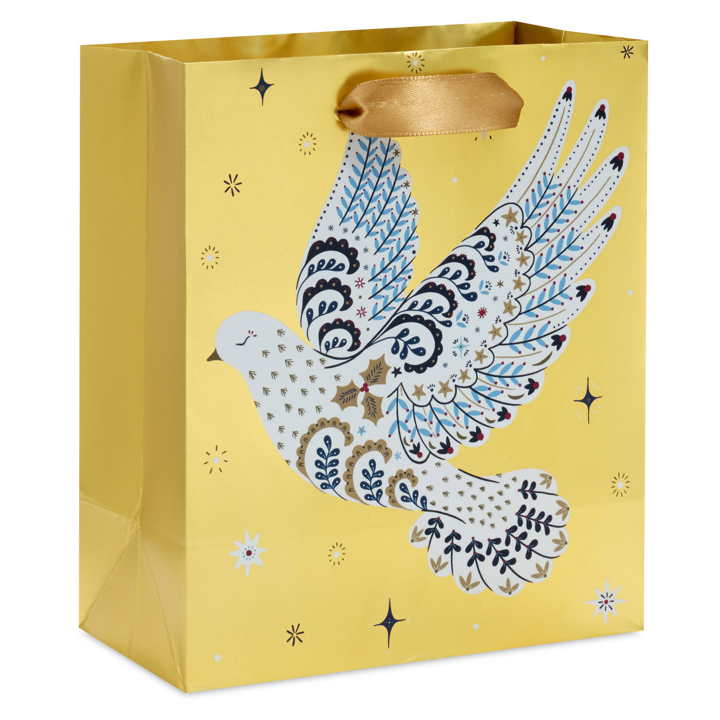 6.5" Floral Dove on Gold Small Holiday Gift Bag