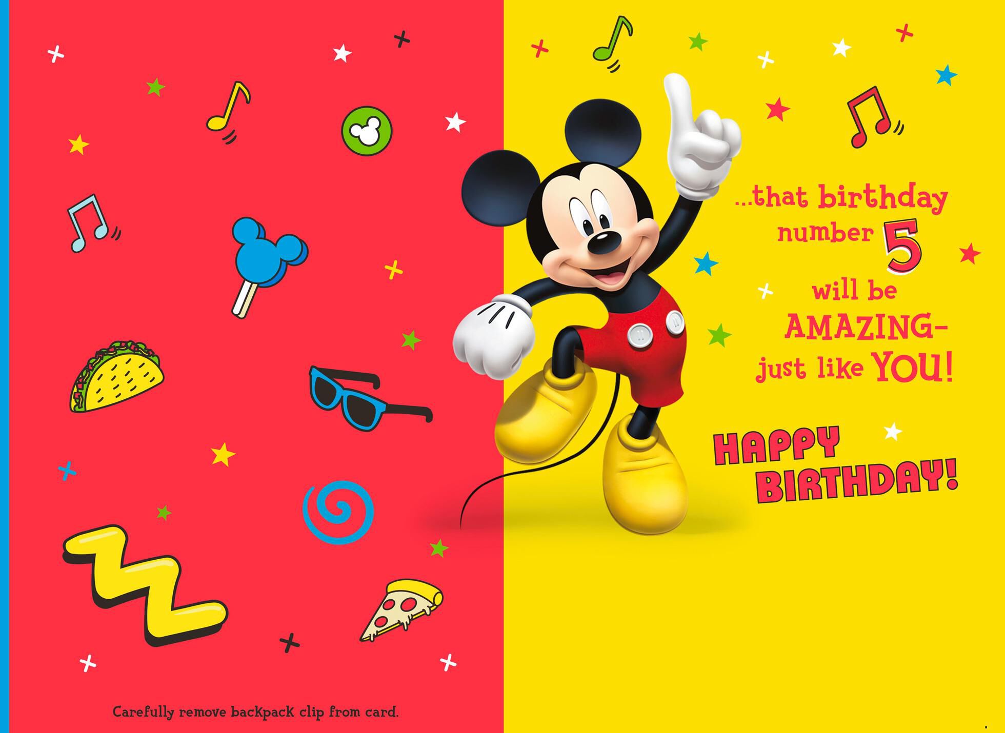 Disney Mickey Mouse 5th Birthday Card With Backpack Clip