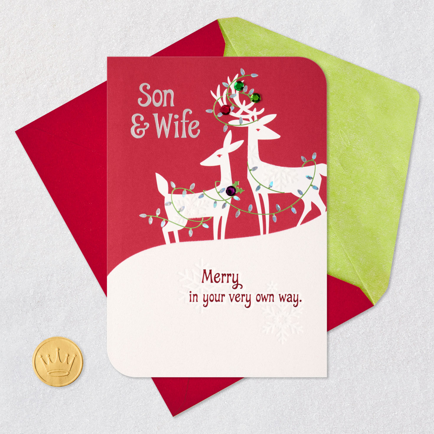 Deer With Lights Christmas Card for Son and Wife Card Front with Envelope and Gold Seal image number 7