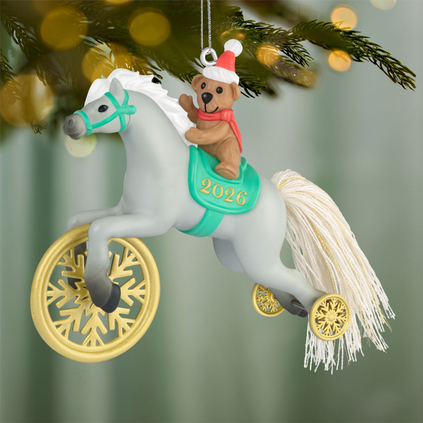 Teddy Bear on Gray Horse Keepsake Ornament hanging on tree image number 2