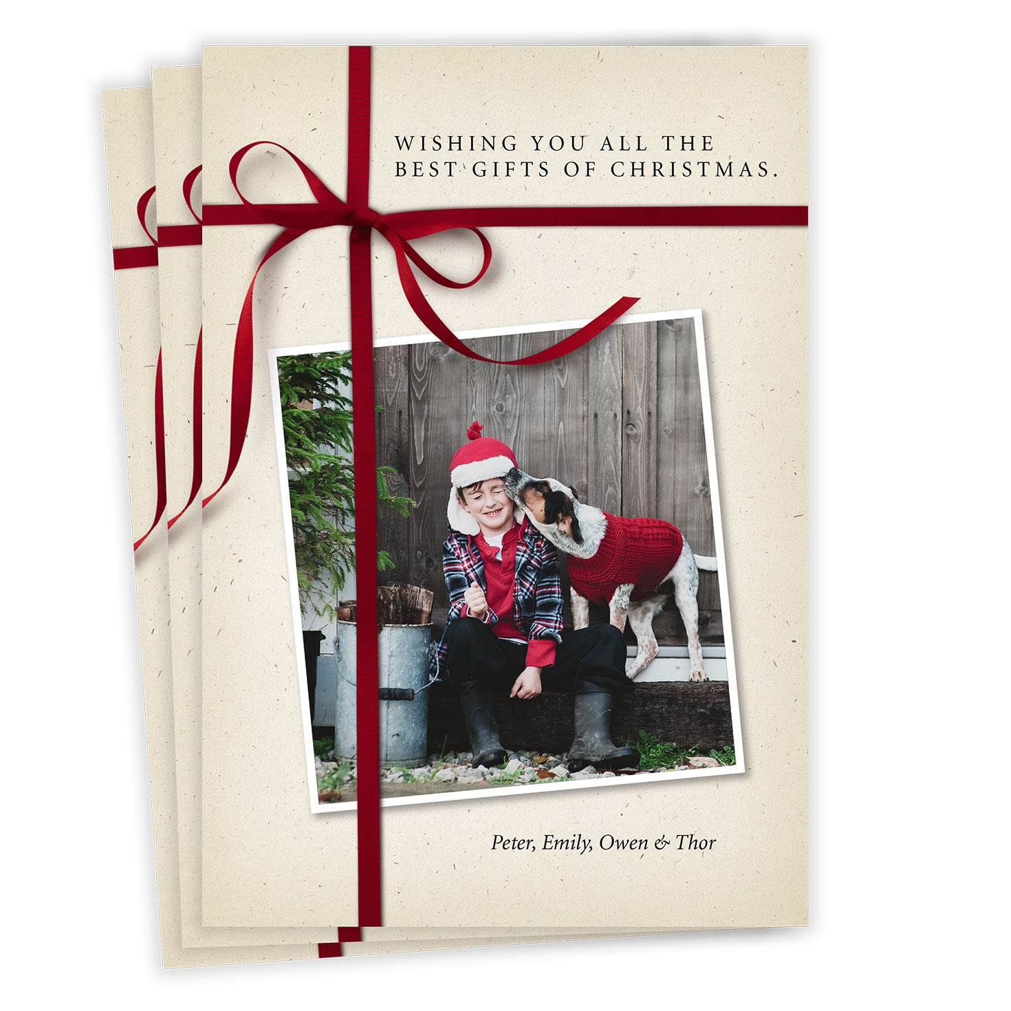 Red Ribbon Gift Flat Christmas Photo Card