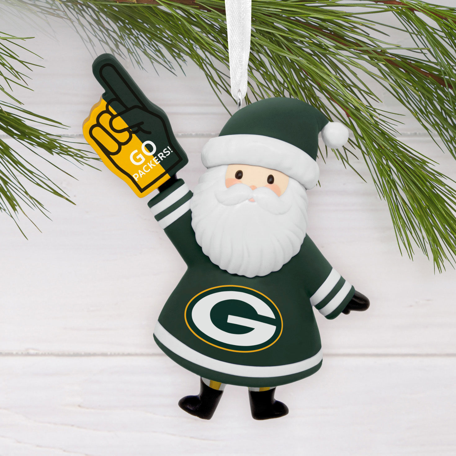 Green Bay Packers Santa Fan Christmas Ornament hanging on tree image number 2