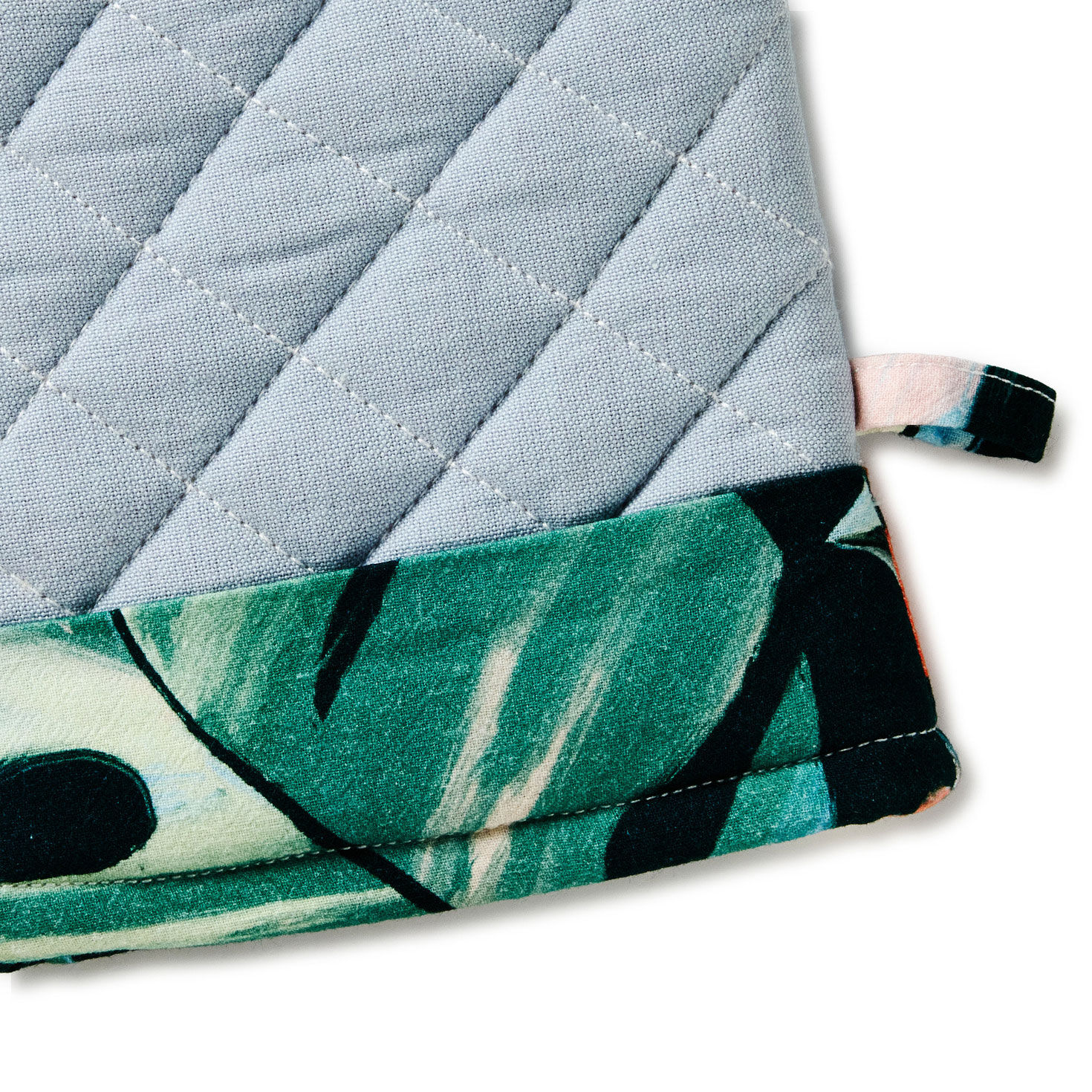 Solid Blue Oven Mitt With Floral Cuff upclose view image number 4