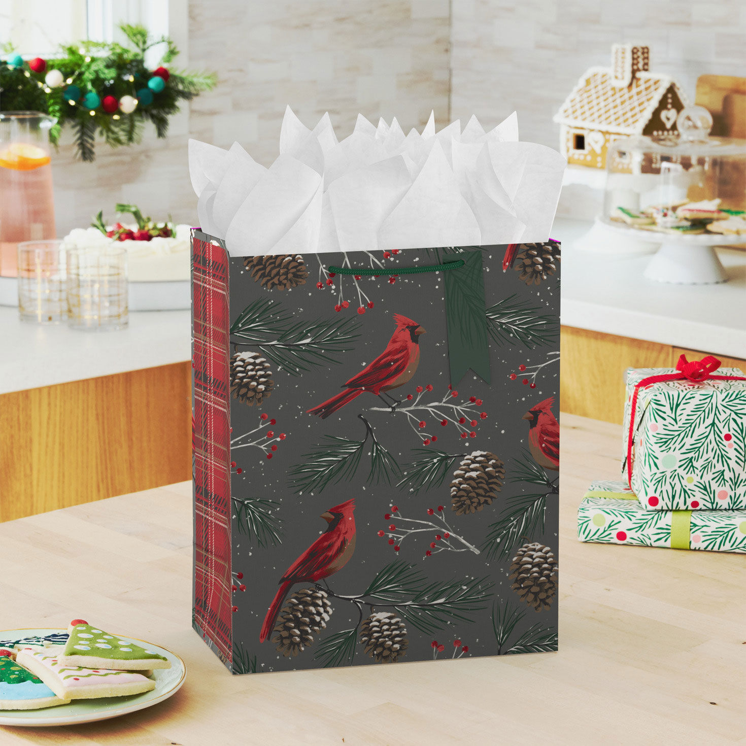 Cardinals and Pine Cones Large Holiday Gift Bag In use image number 2