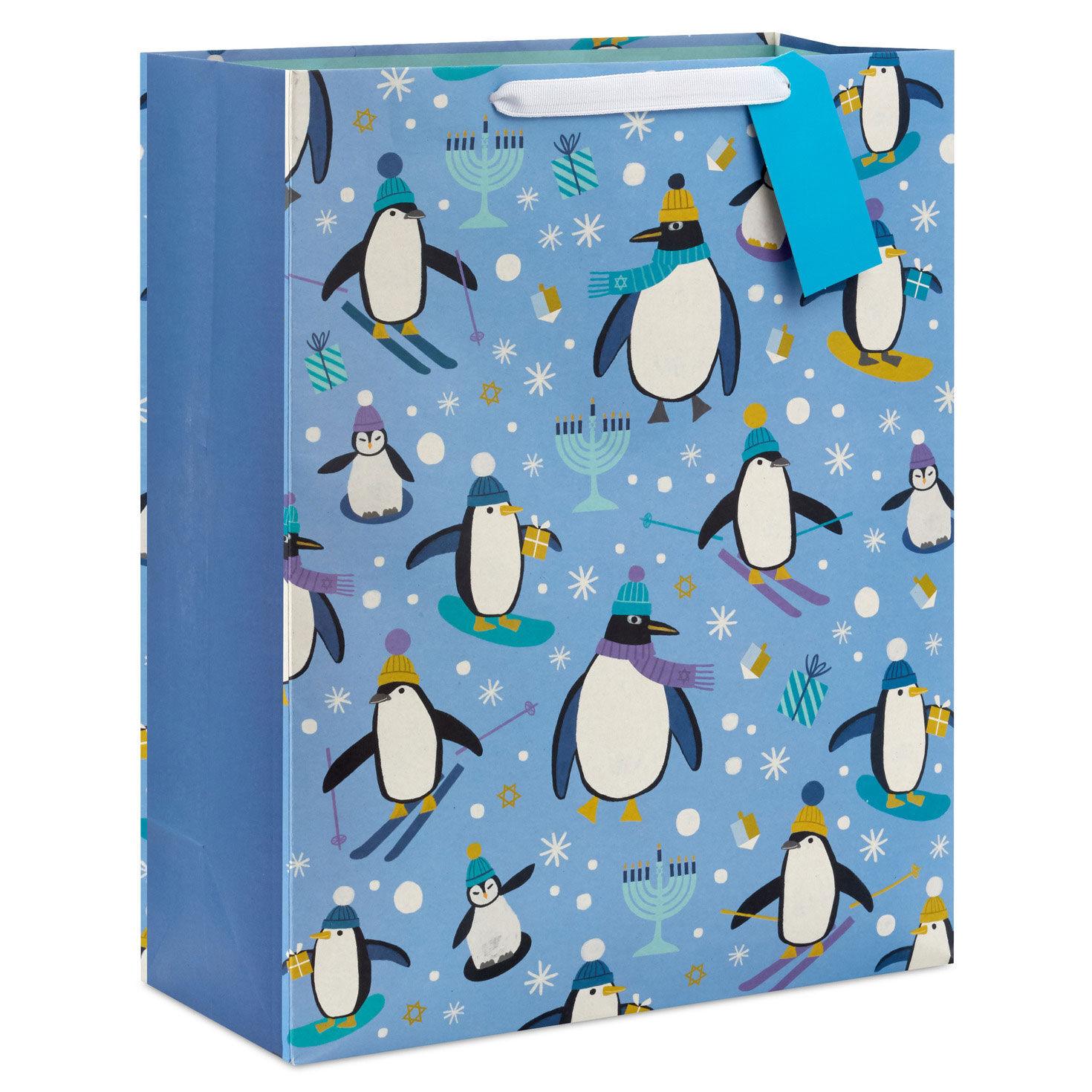 15.5" Penguins and Menorahs Extra-Large Hanukkah Gift Bag