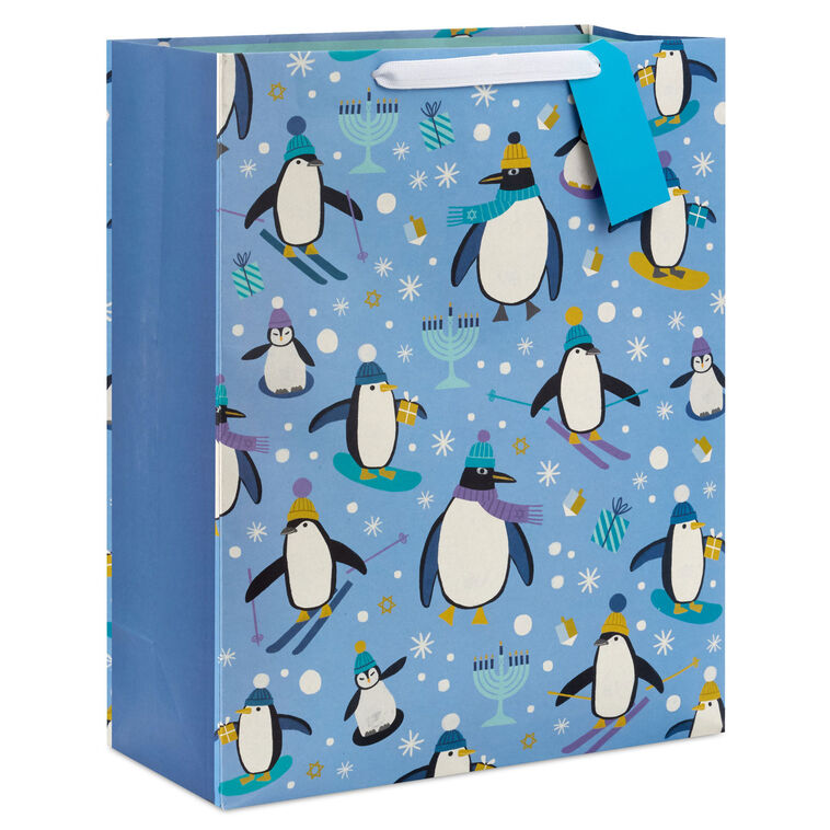 15.5" Penguins and Menorahs Extra-Large Hanukkah Gift Bag