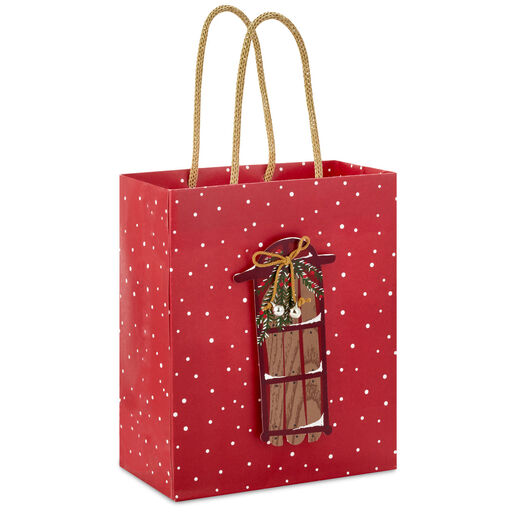 6.5" Sled on Snowy Red Small Christmas Gift Bag, 