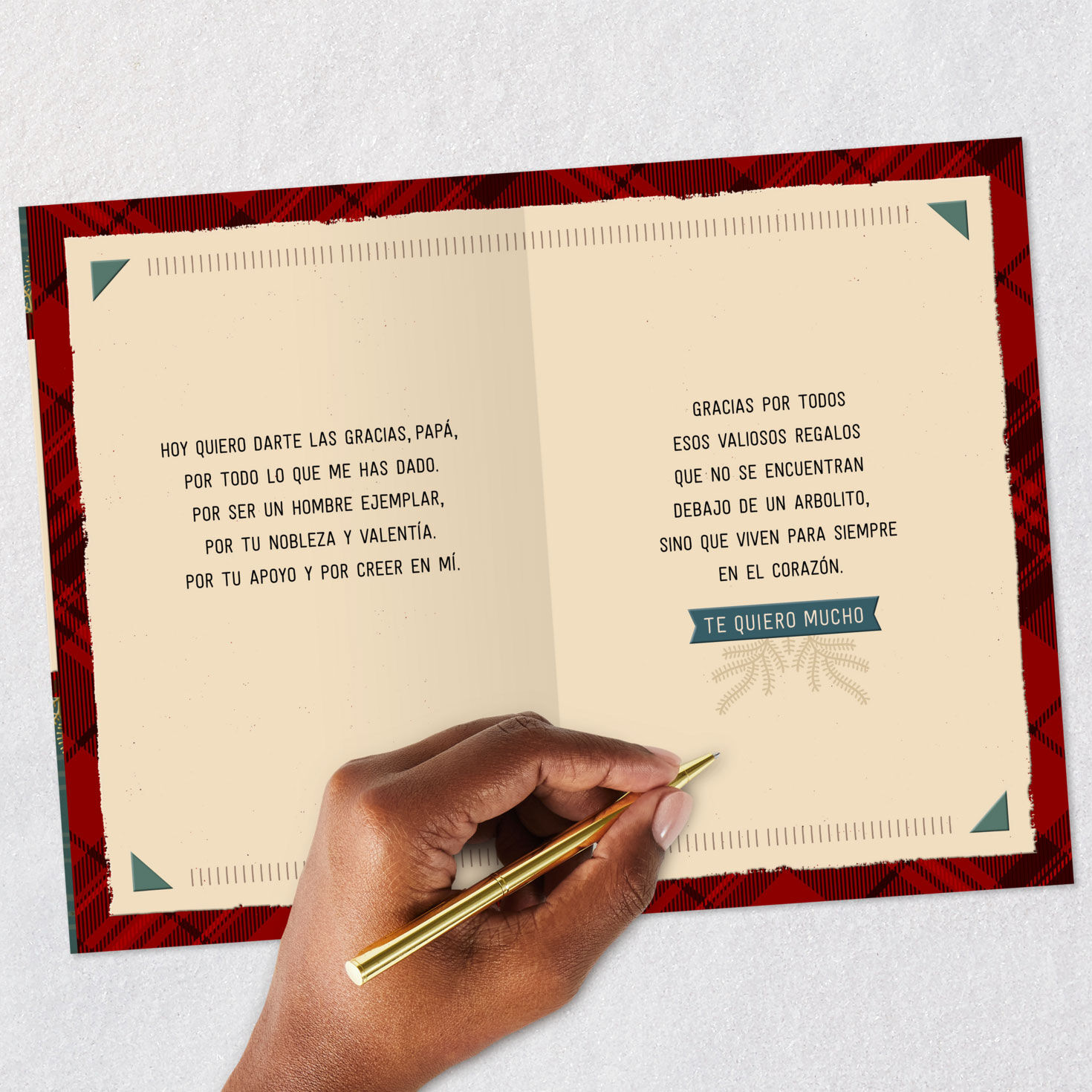 Plaid Evergreen Patterns Spanish Christmas Card for Dad Signing card image number 7
