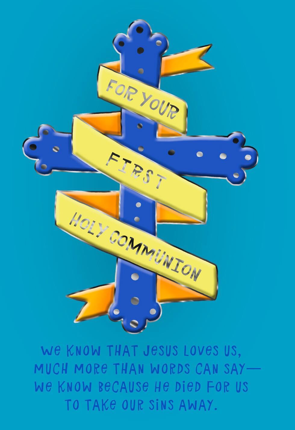 Blue Cross Wrapped in Yellow First Communion Card