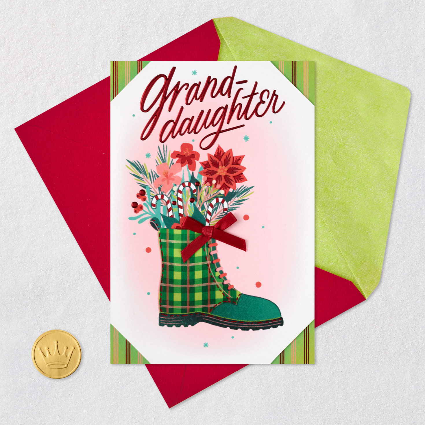 Plaid Boot Christmas Card for Granddaughter Card Front with Envelope and Gold Seal image number 7