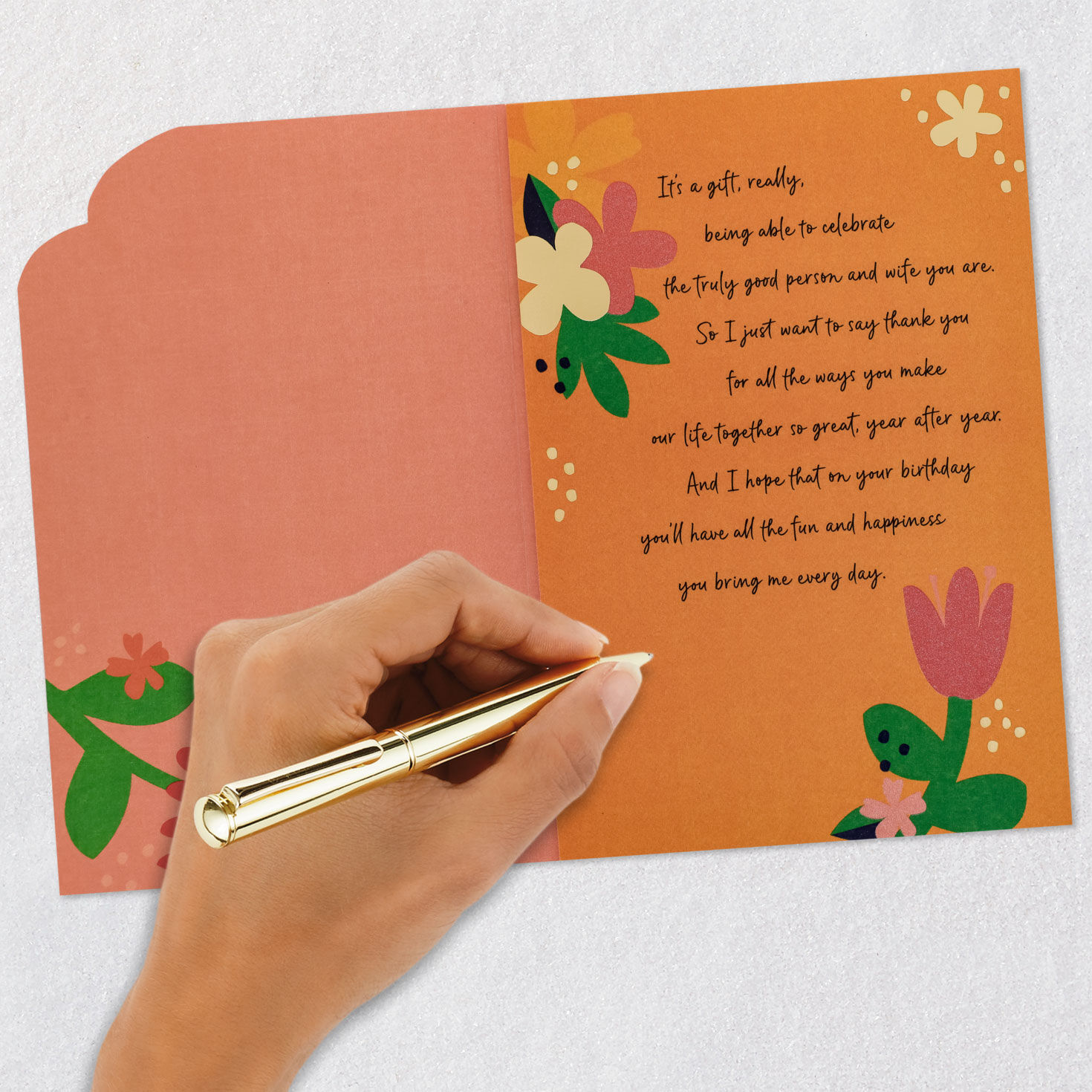 Flowers on Peach Birthday Card for Wife Signing card image number 7