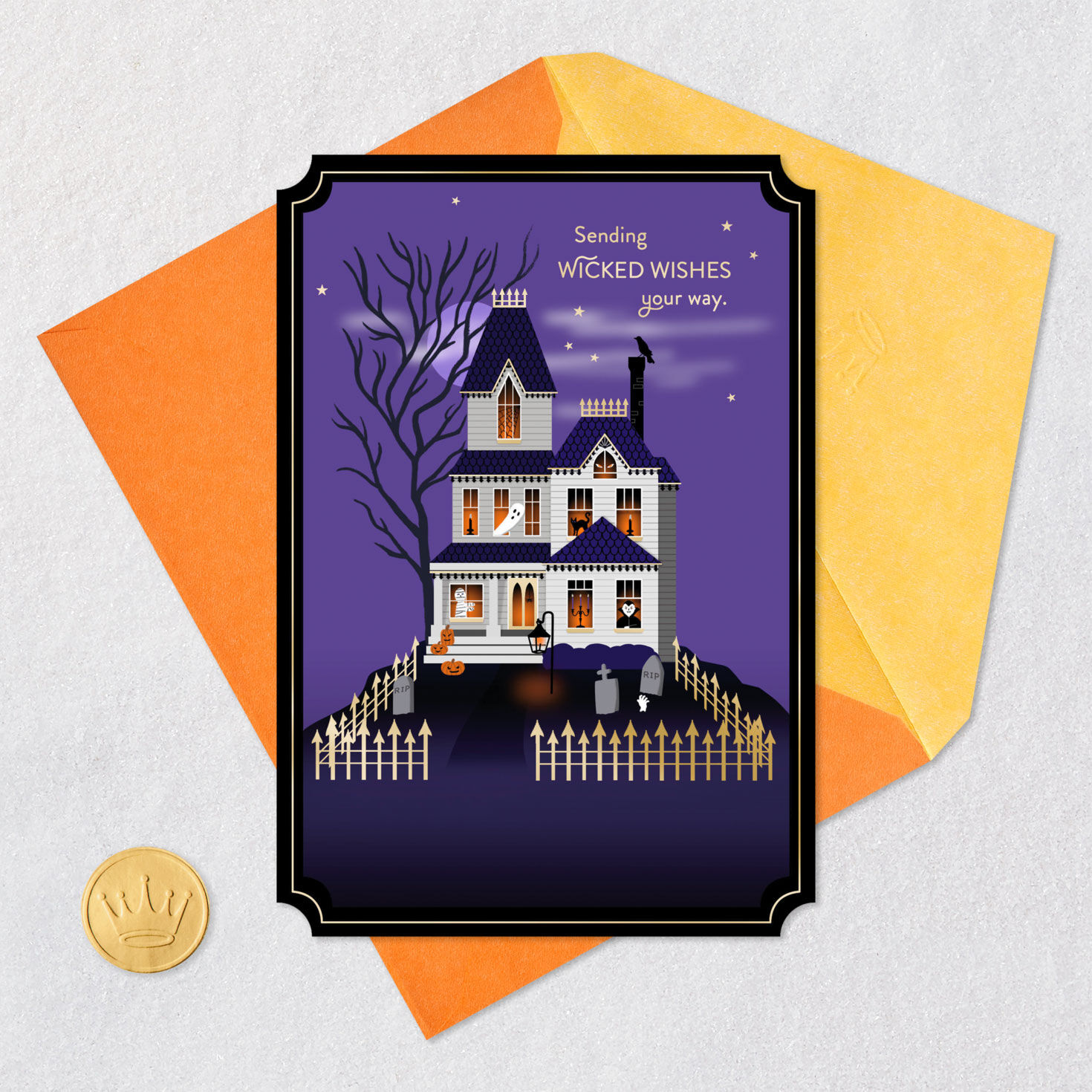Haunted House Purple and Black Halloween Card Card Front with Envelope and Gold Seal image number 5