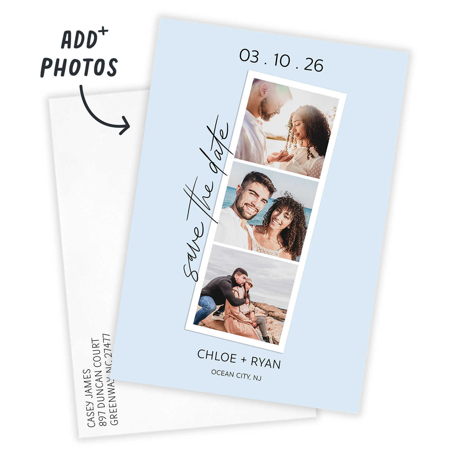 Blue Photo Strip Personalized Save the Date Card Card Front indicating personalization image number 2