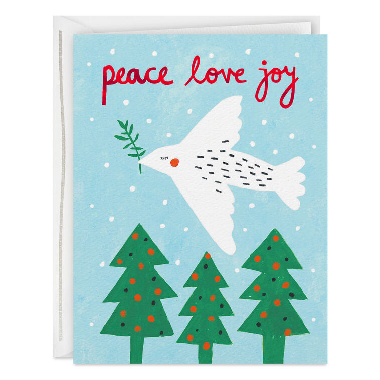 Peace Love Joy Dove and Trees Christmas Card
